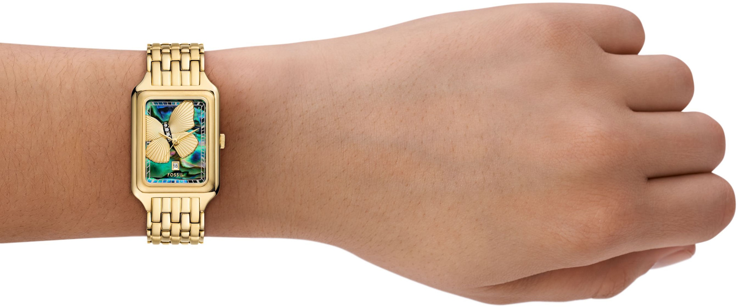 Fossil Quarzuhr »RAQUEL«, Armbanduhr, Damenuhr, Edelstahlarmband, analog, Tag, Glassteine
