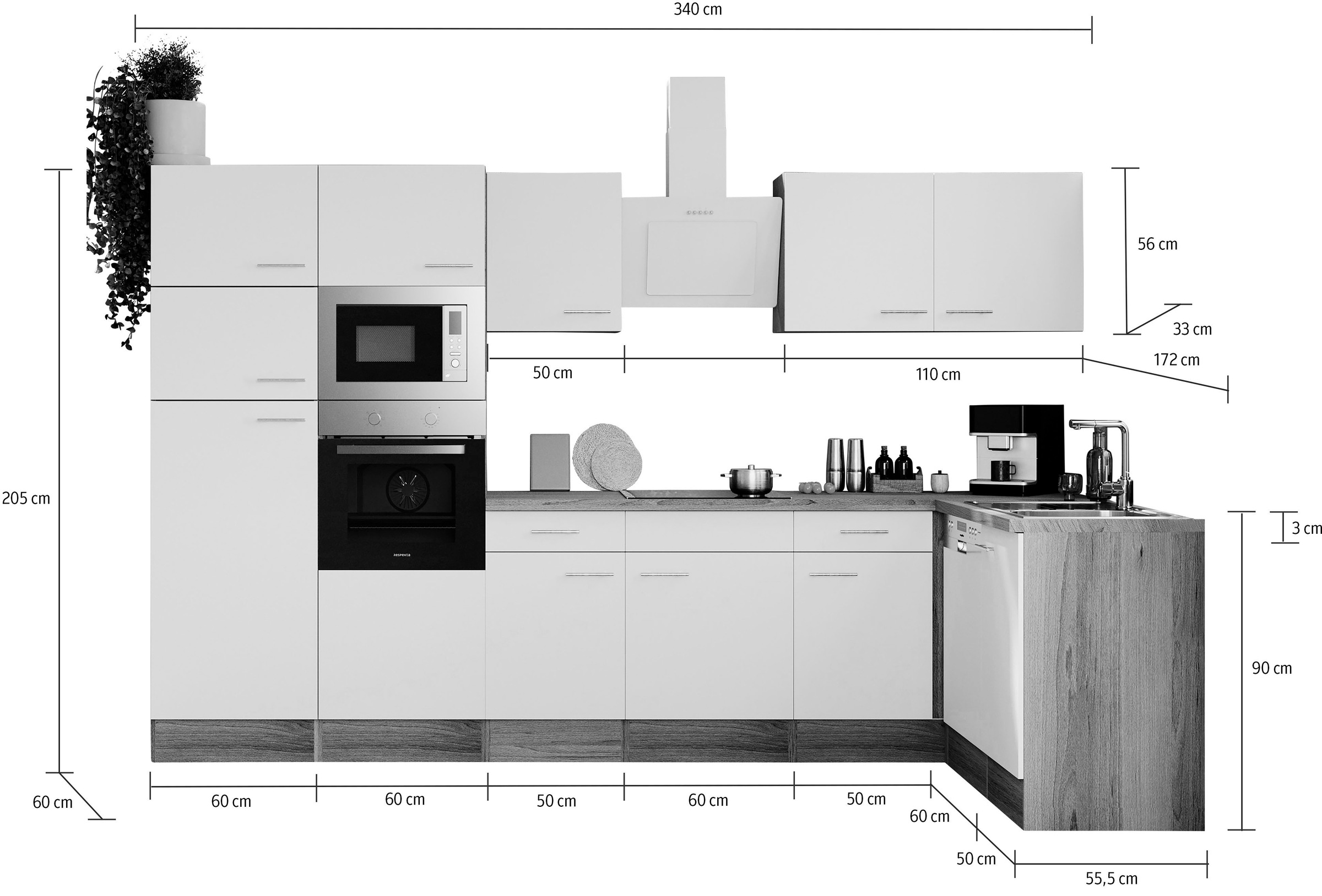 RESPEKTA Küchenzeile »Oliver«, Breite 340 cm, wechselseitig aufbaubar