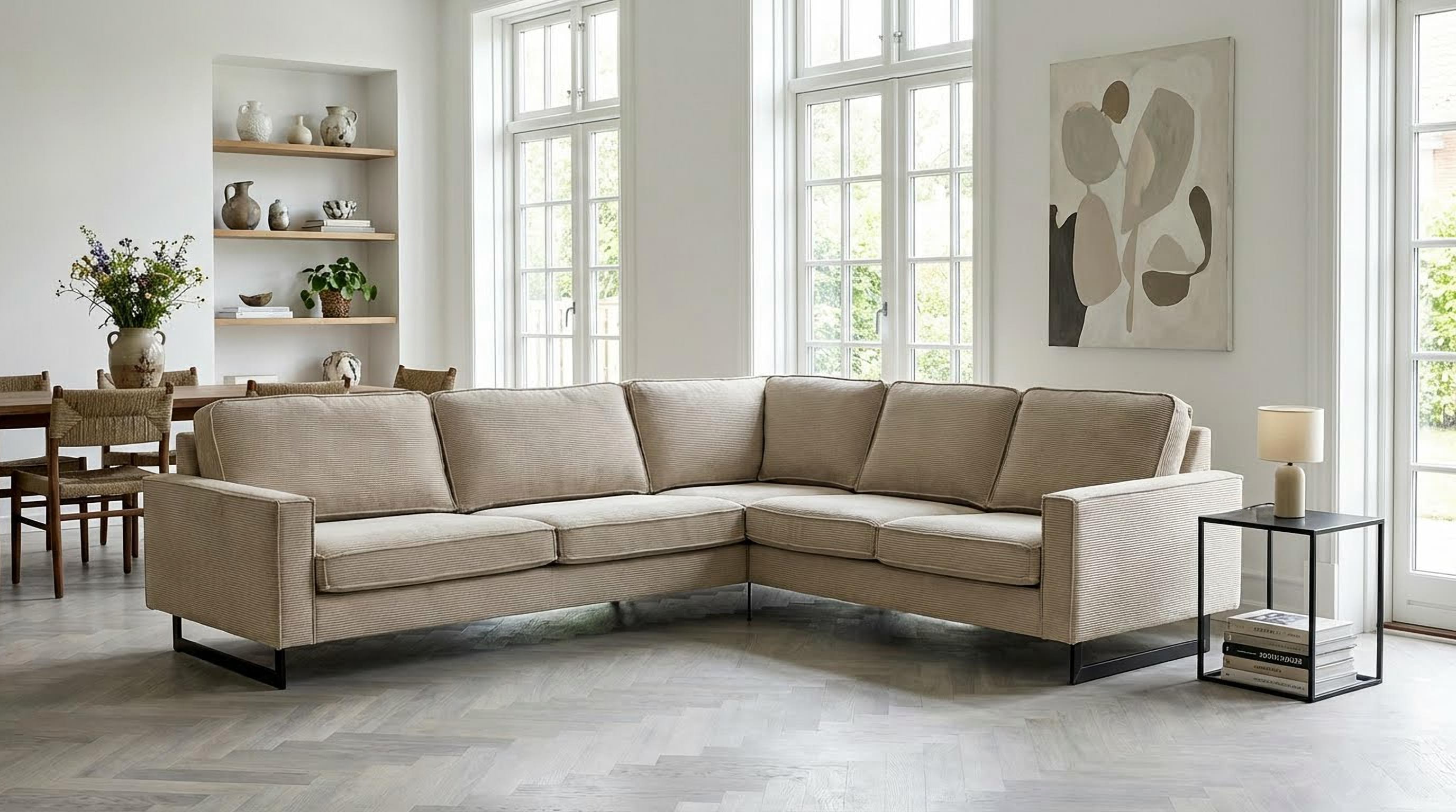OTTO home Ecksofa "Pinto, XXL, 250/290 cm, langer Schenkel, Ottomane" Cord, Chenille, Lederoptik, mit Keder, Metallfüße, Wellenunterfederung