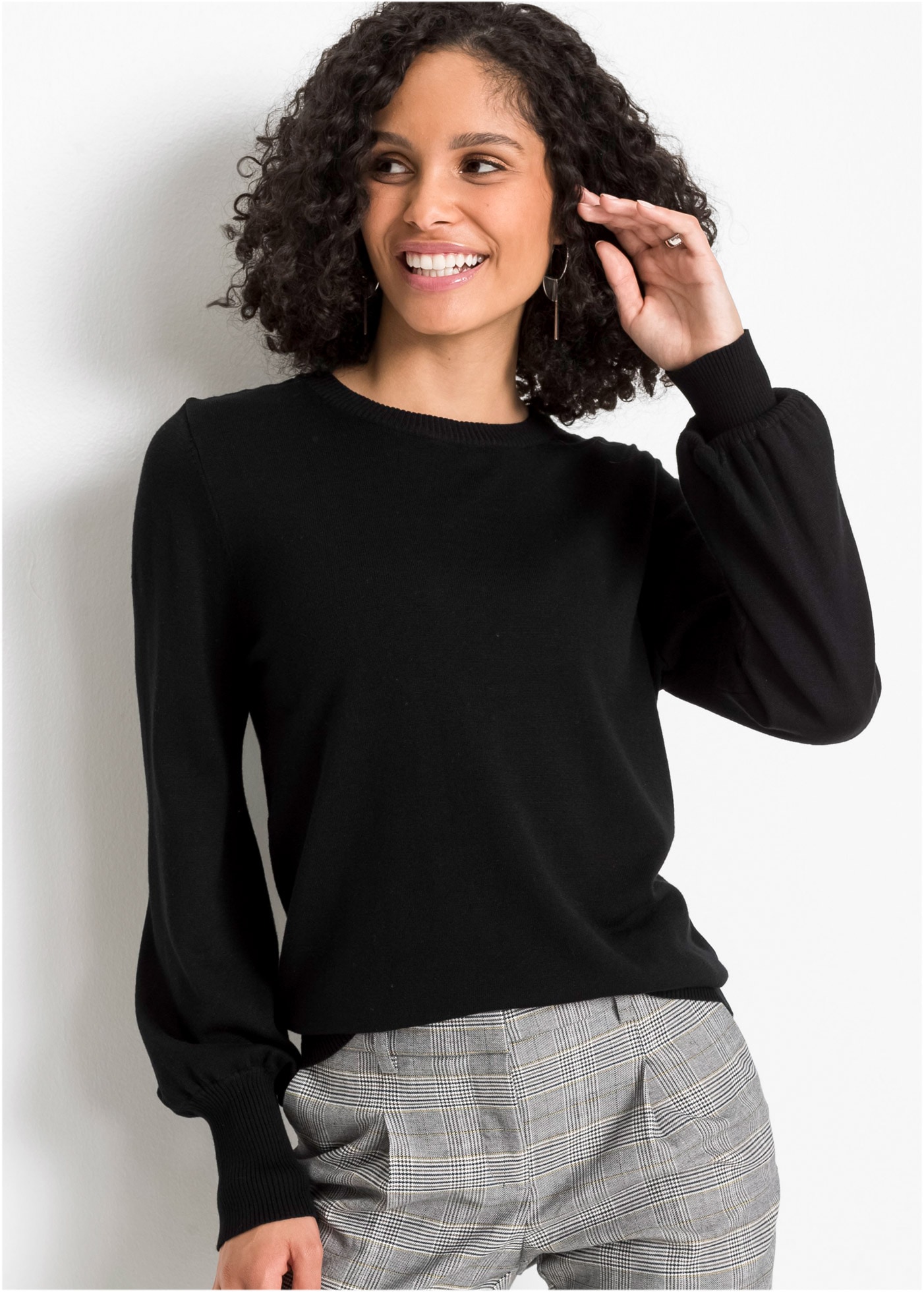 bonprix Strickpullover aus weichem Viskose-Feinstrick, mit Ballon-Ärmeln mit breiten Bündchen