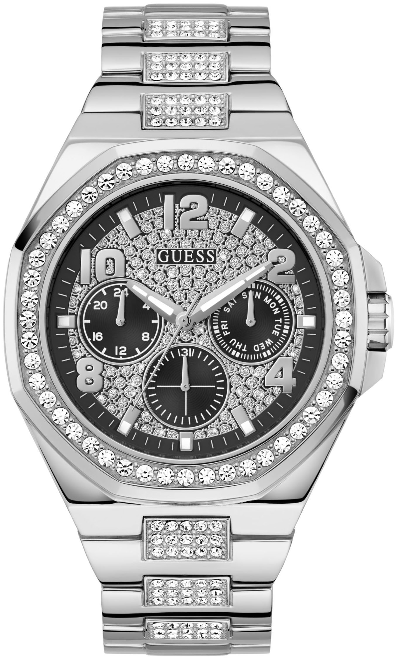 Guess Multifunktionsuhr »EMPIRE«, Quarzuhr, Armbanduhr, Herren, Datum, 12/24-Std.-Anzeige,Kristallsteine