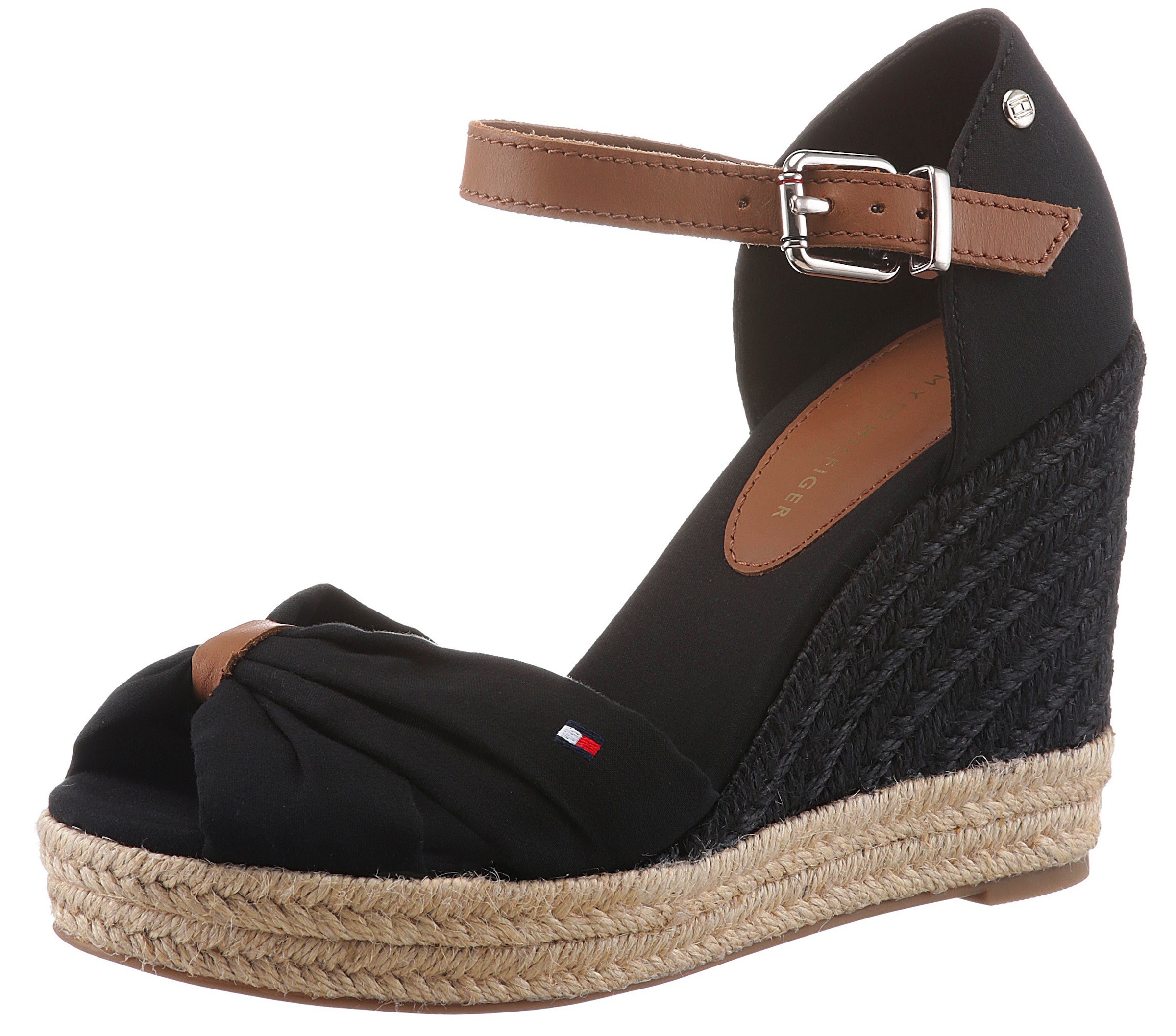 Tommy Hilfiger High-Heel-Sandalette "BASIC OPENED TOE HIGH WEDGE", Sommerschuh, Sandale, Keilabsatz, mit dezenter Flagst