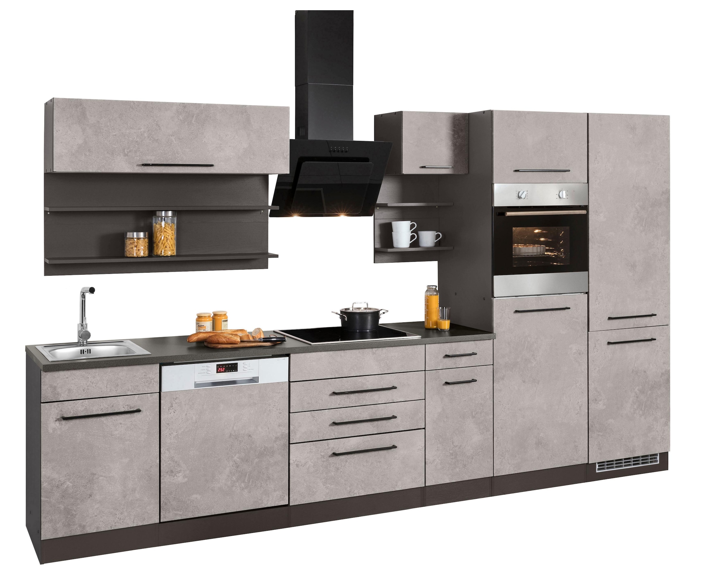 KOCHSTATION Küchenzeile »KS-Tulsa«, mit E-Geräten, Breite 330 cm, schwarze Metallgriffe, MDF Fronten
