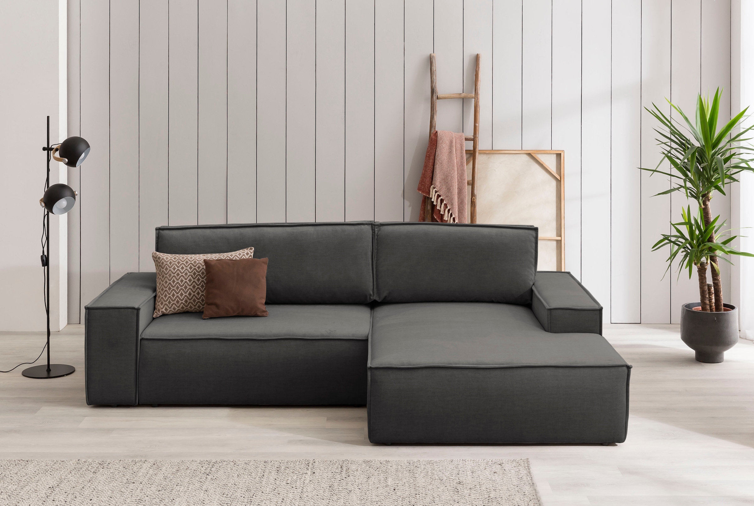 OTTO home Ecksofa "SHERWOOD Samtvelours L-Form, 267 cm - OTTO. Verlässliche Qualität." Schlaffunktion mit Bettkasten (210x136 cm), Cord, Vintage, Samtvelours