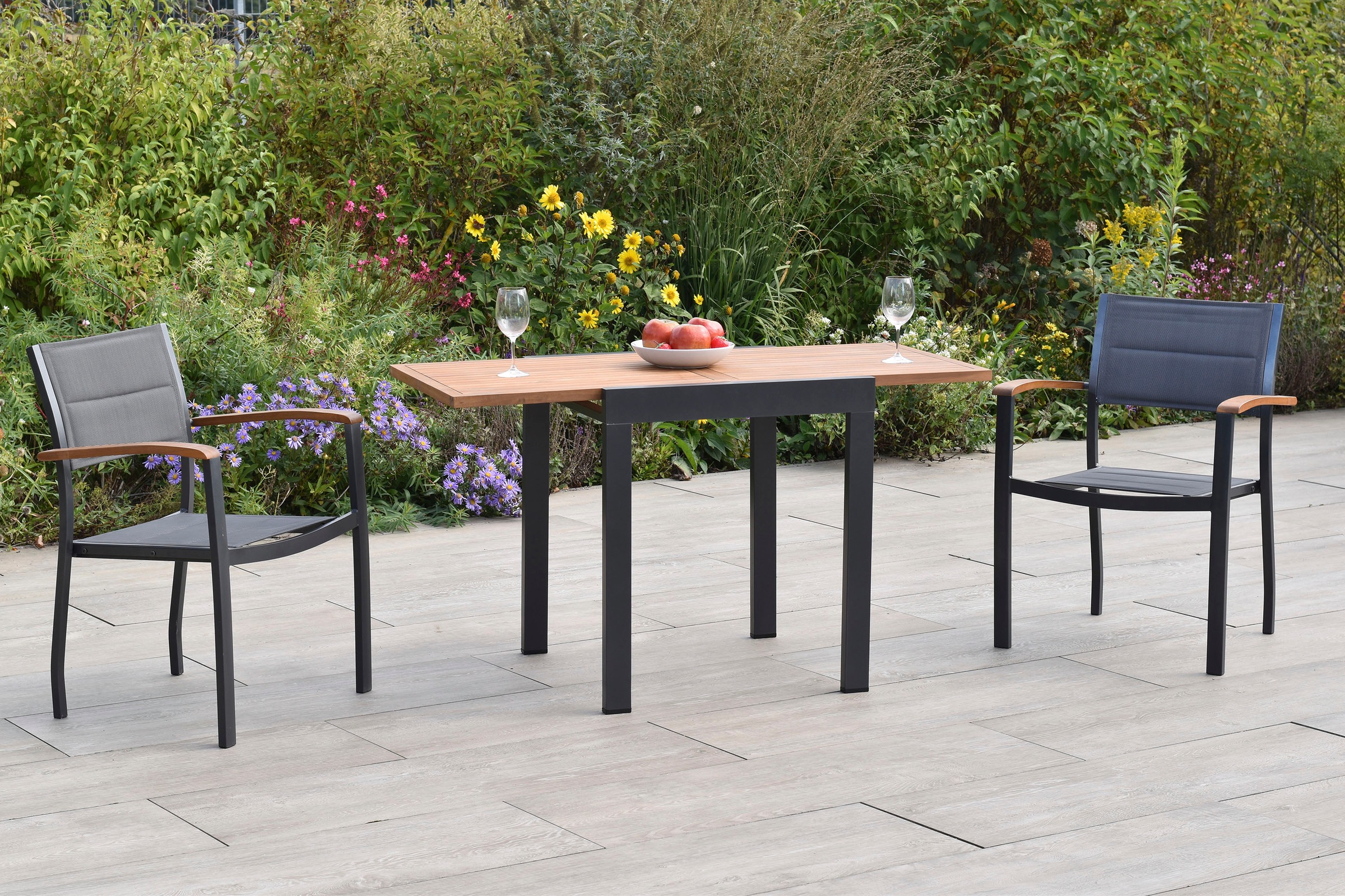 MERXX Balkonset »Paxos« Set, 3 tlg. inkl. 2 Stapelsessel, 1 Balkonausziehtisch