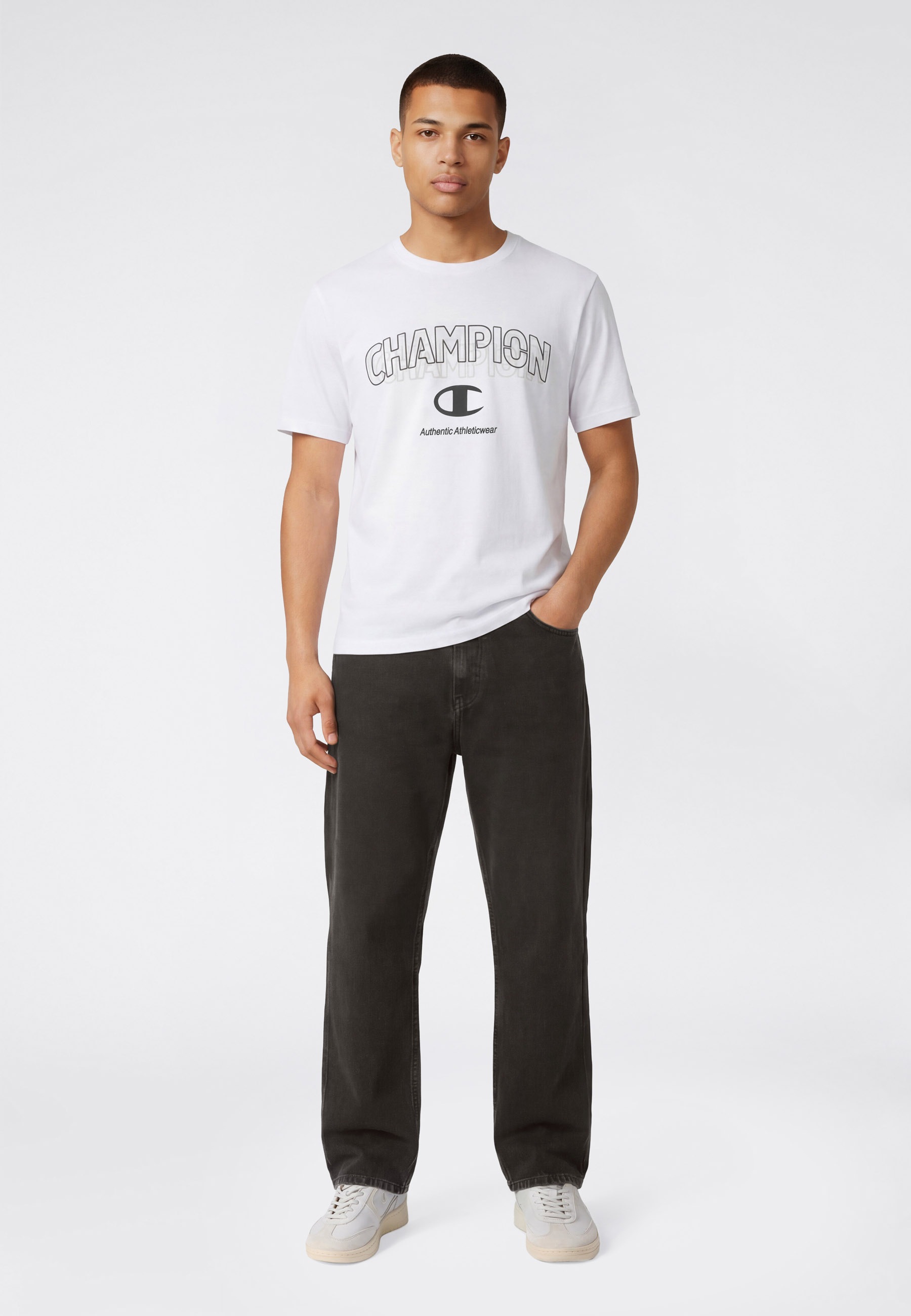 T-Shirt CHAMPION "Graphic Tee", Herren, Gr. S, wht, Obermaterial: 100% Baumwolle, normal, Rundhals, Shirts T-Shirt, sportliche Passform, Kurzarm, Rundhalsausschnitt 3