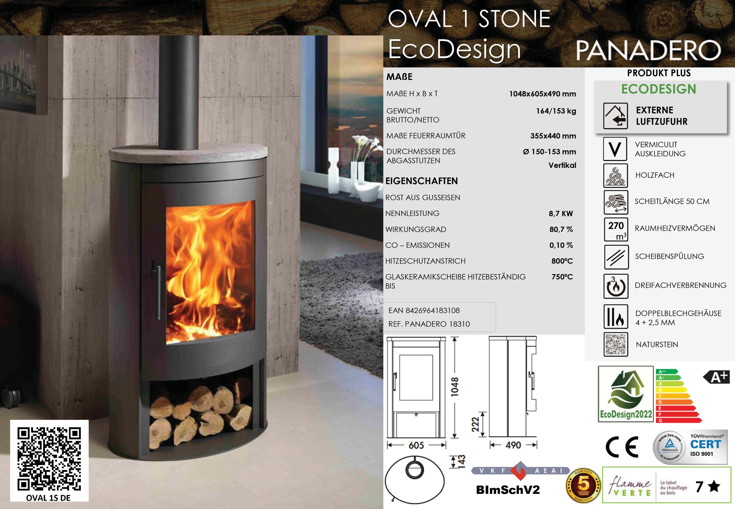 Thumbnail - Panadero Kaminofen "Kaminofen Oval 1 Stone Ecodesign"