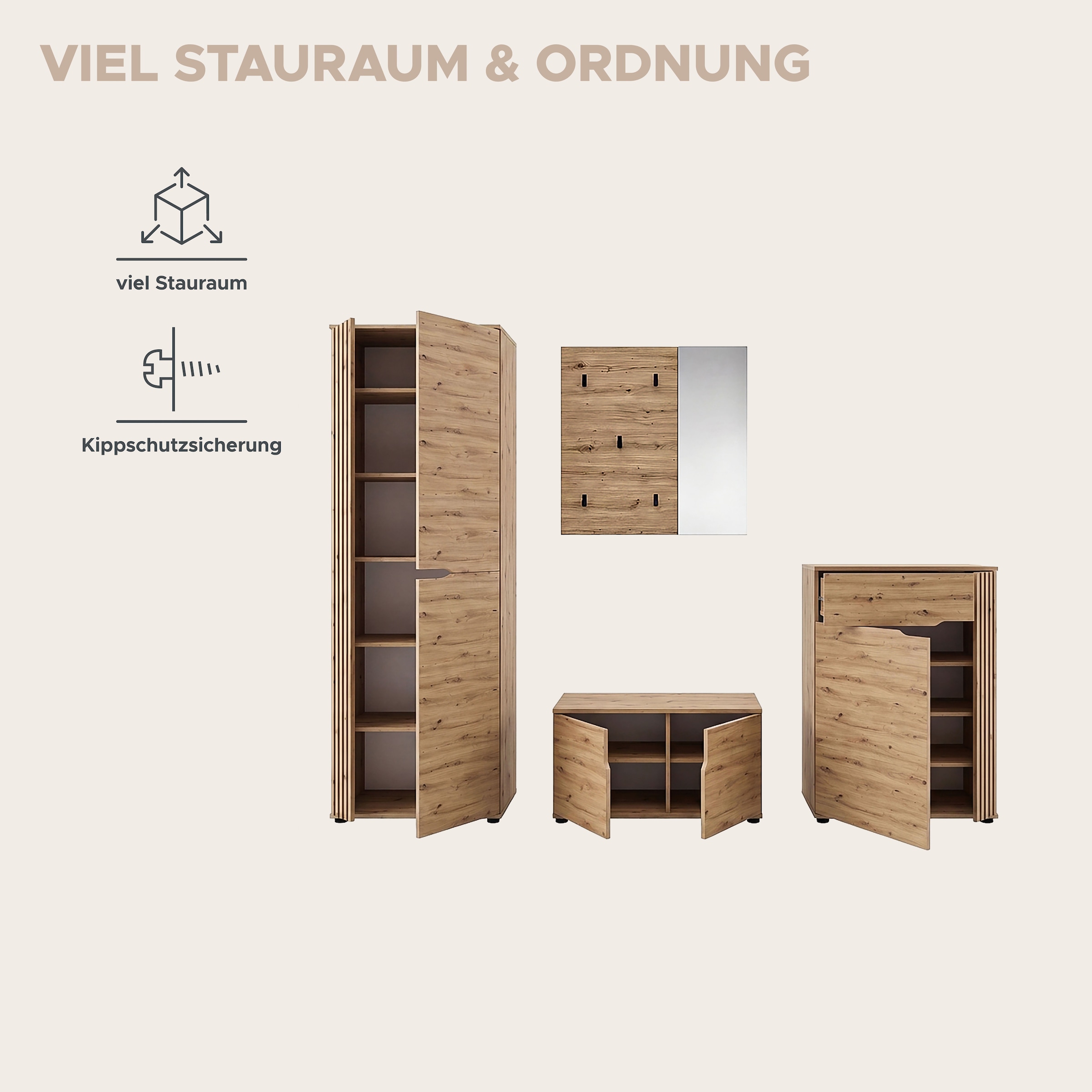 OTTO home Garderoben-Set »FJELL, 4-teilig, Breite 255cm, Front mit hochwertiger Längsfräsung«