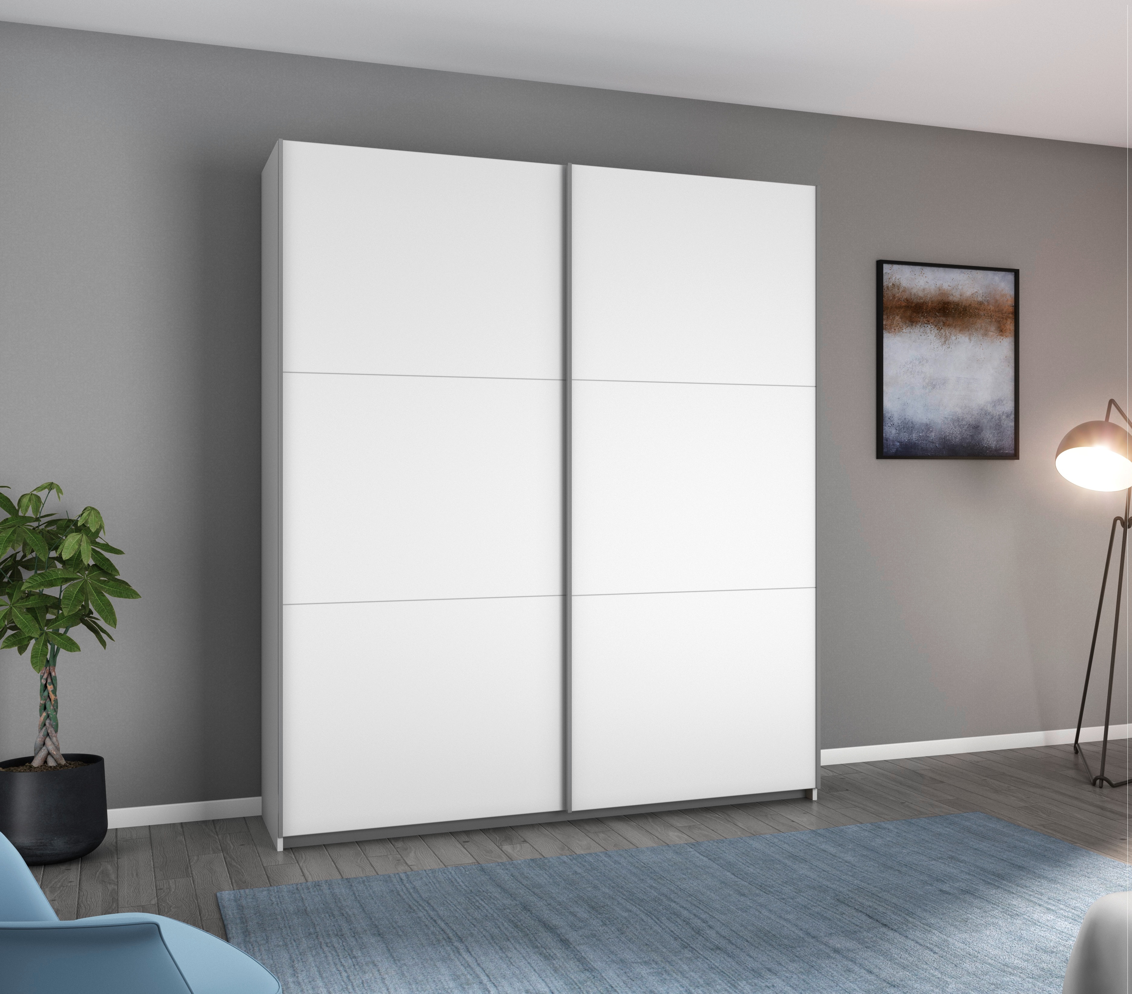 rauch Schwebetürenschrank "AURELIO Kleiderschrank Garderobe" 3 Ausstattungen BASIC/CLASSIC/PREMIUM (inkl. SOFT-CLOSE-FUNKTION), 3 verschiedene Ausstattungsvarianten Griffe aus Metall MADE IN GERMANY