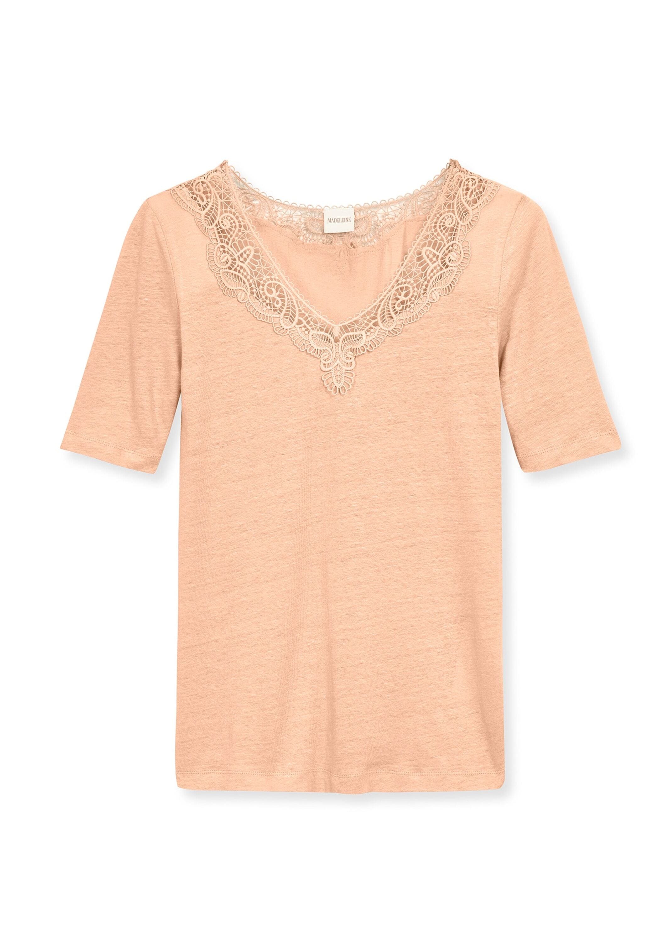 MADELEINE Kurzarmshirt "Shirt Kurzarm Leinen-Shirt mit Spitzenbesatz"