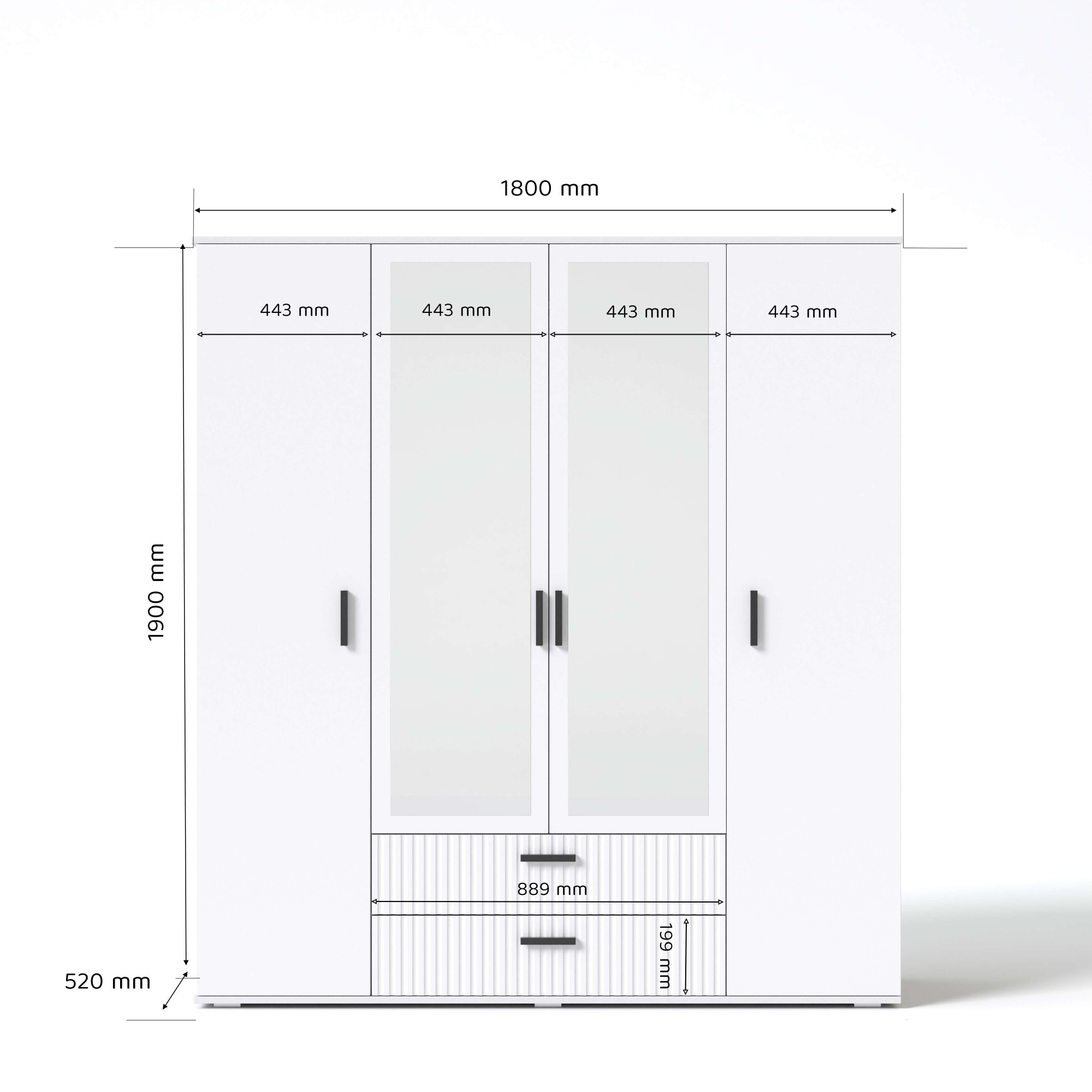 OTTO home Kleiderschrank »KOLLINE, modern mit viel Stauraum & geriffelter Struktur« H/B/T ca. 190/180/52cm,  Garderobe 4 Fächer, Kleiderstange, 2 Schubladen, 2 Spiegel