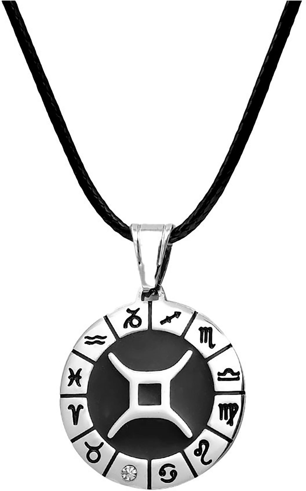 Kette mit Anhänger FIRETTI "Schmuck Geschenk Edelstahl Leder Halsschmuck Halskette Sternzeichen", weiß (silberfarben, schwarz, kristallweiß), Halsketten, Damen, Zwilling, Edelstahl Leder, L: 80 B: 2mm, Edelstahl, Leder, Made in Germany - mit Similistein, 