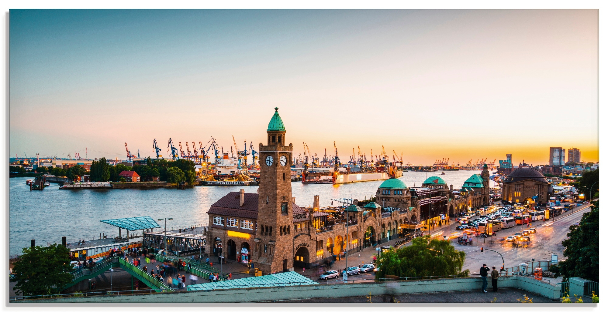 Artland Glasbild »Hamburg Hafen und Landungsbrücken«, Deutschland, (1 St.), in verschiedenen Größen