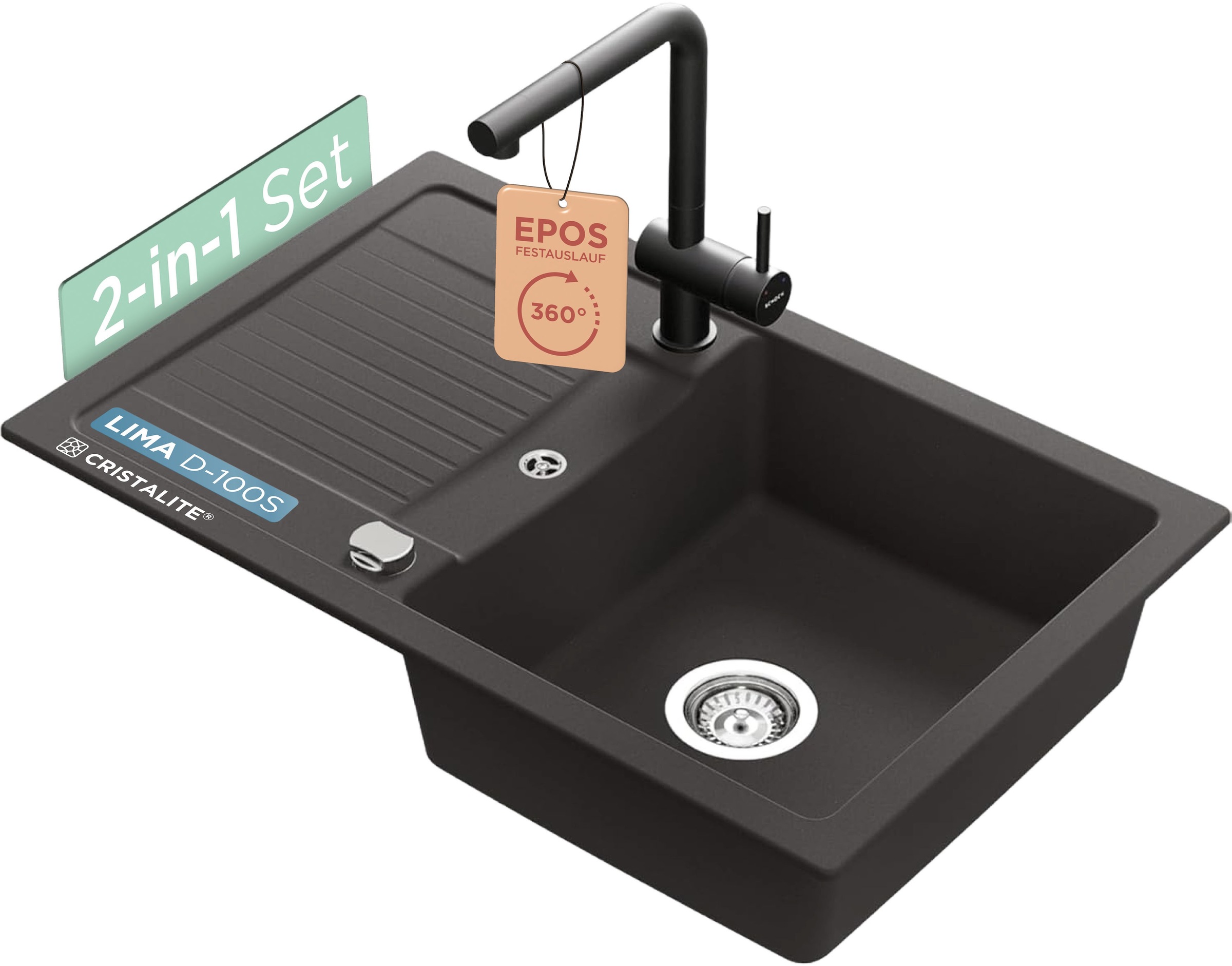 SCHOCK Granitspüle "Lima D-100S und Armatur Epos", beidseitig, schwarz, Küchenspülen, bestehend aus Spüle und Armatur