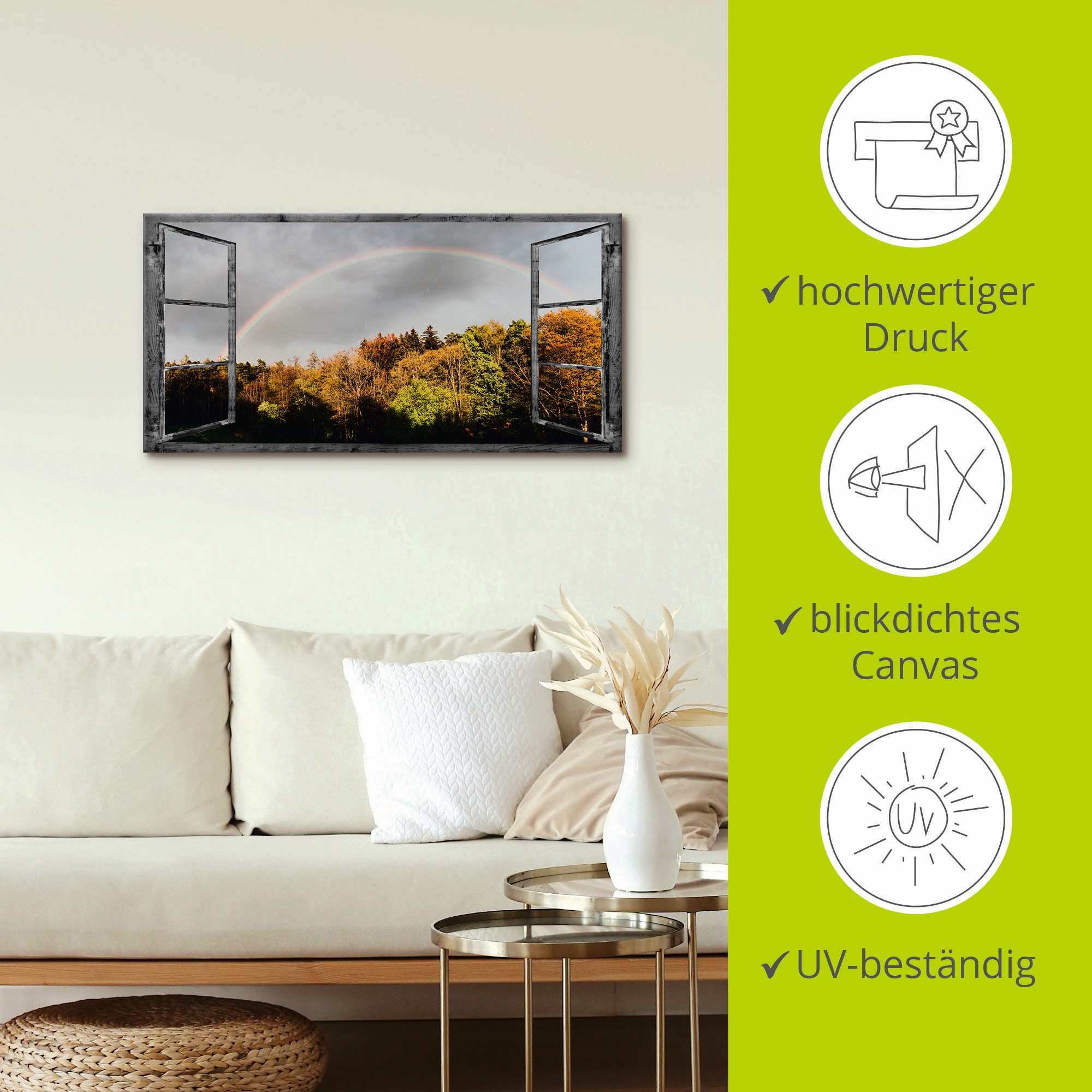 Artland Wandbild »Fensterblick - Regenbogen«, Fensterblick, (1 St.), als Leinwandbild, Wandaufkleber in verschied. Größen