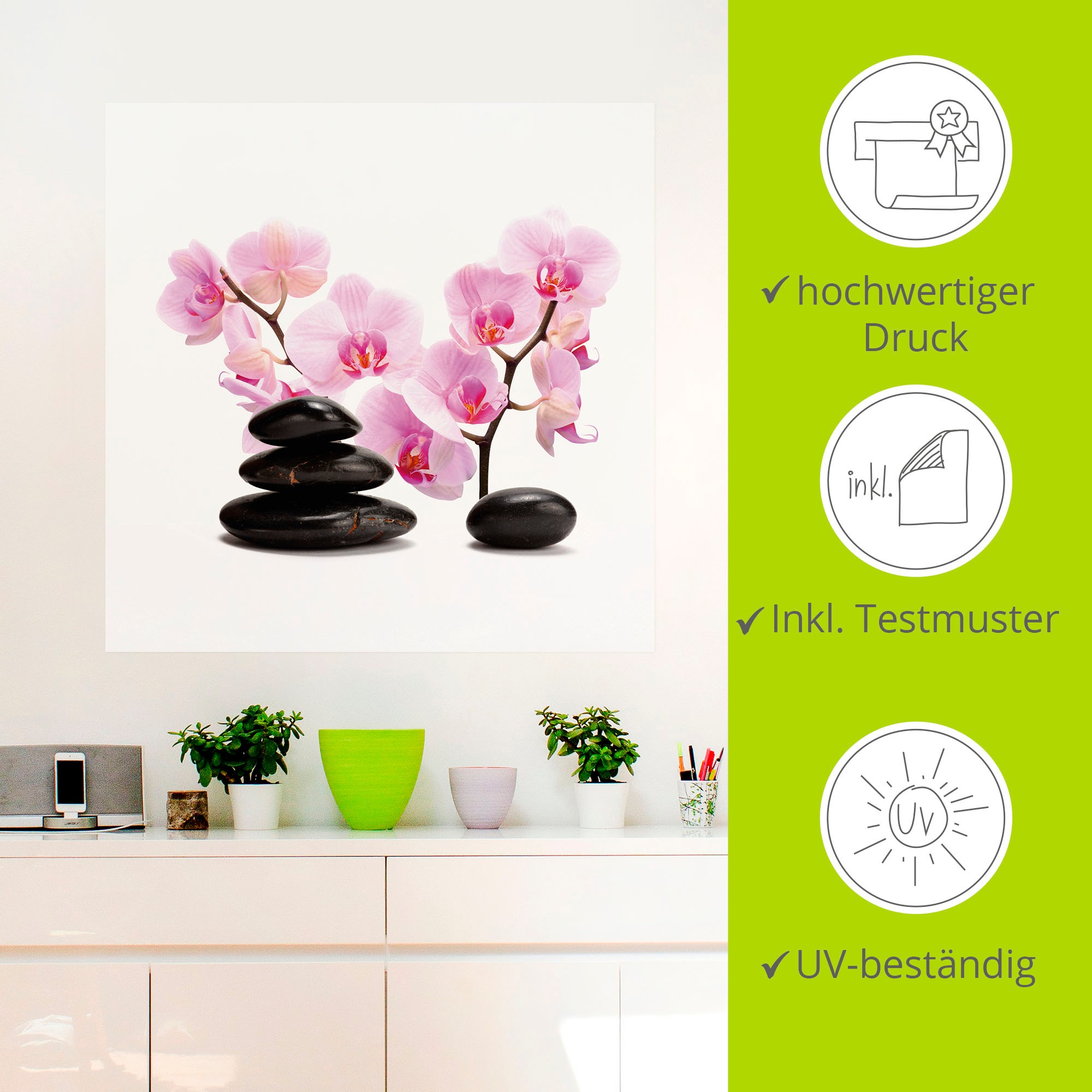 Artland Wandbild »Schwarze Steine und pink Orchidee«, Zen, (1 St.), als Leinwandbild, Poster, Wandaufkleber in verschied. Größen