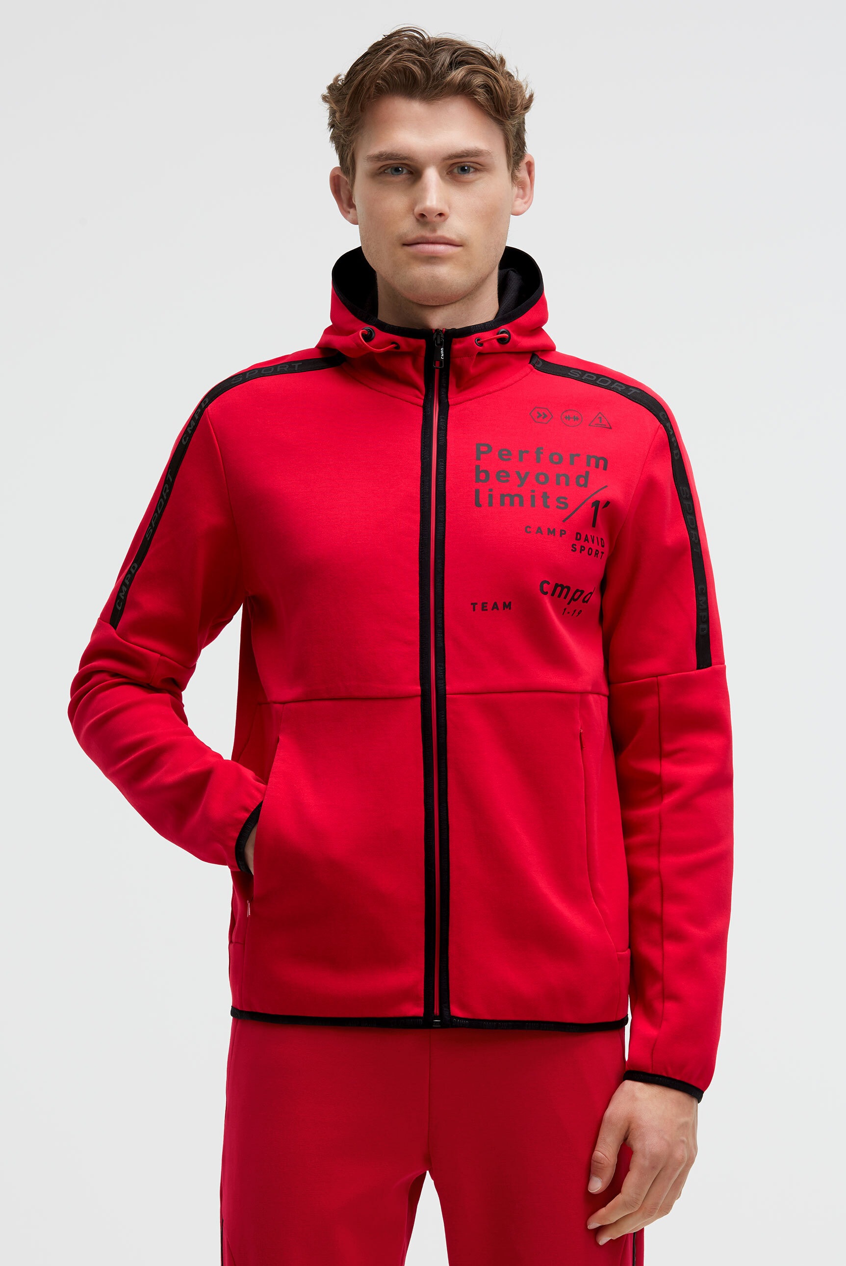 CAMP DAVID Herren Kapuzensweatjackerot, Gr. S, bedruckt, Material: 70% Baumwolle, 30% Polyester, Sweatjacken, mit elastischen Saumabschlüssen