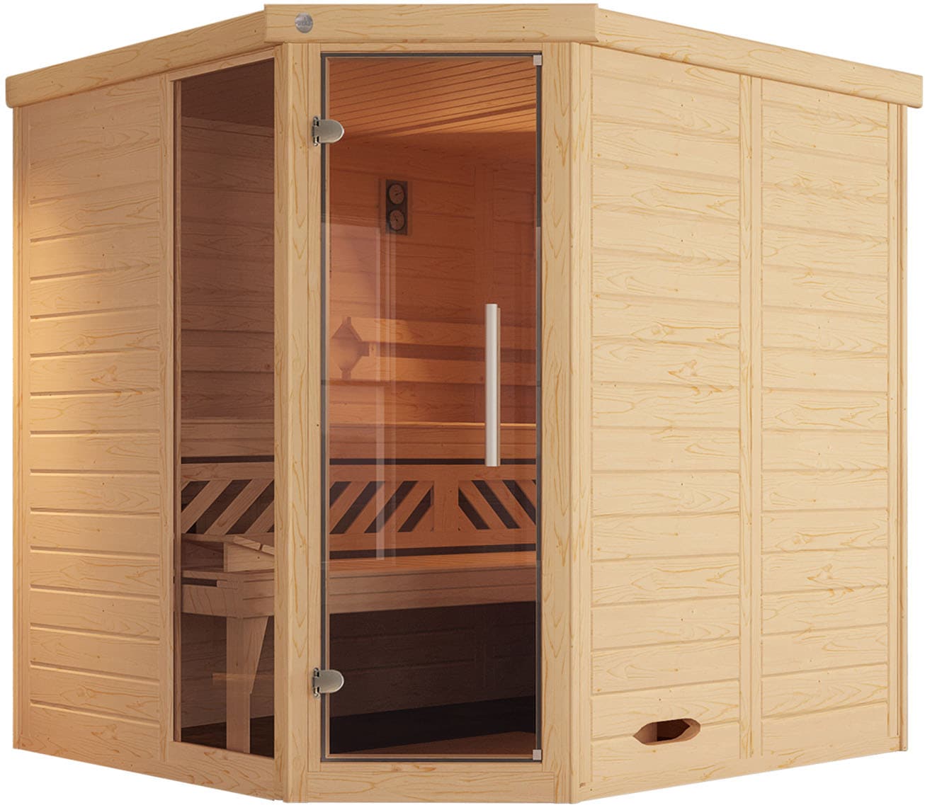 Sauna »Design-Sauna KEMI Eck 1«, naturbelassenes Fichtenholz, Fensterelement, moderne...