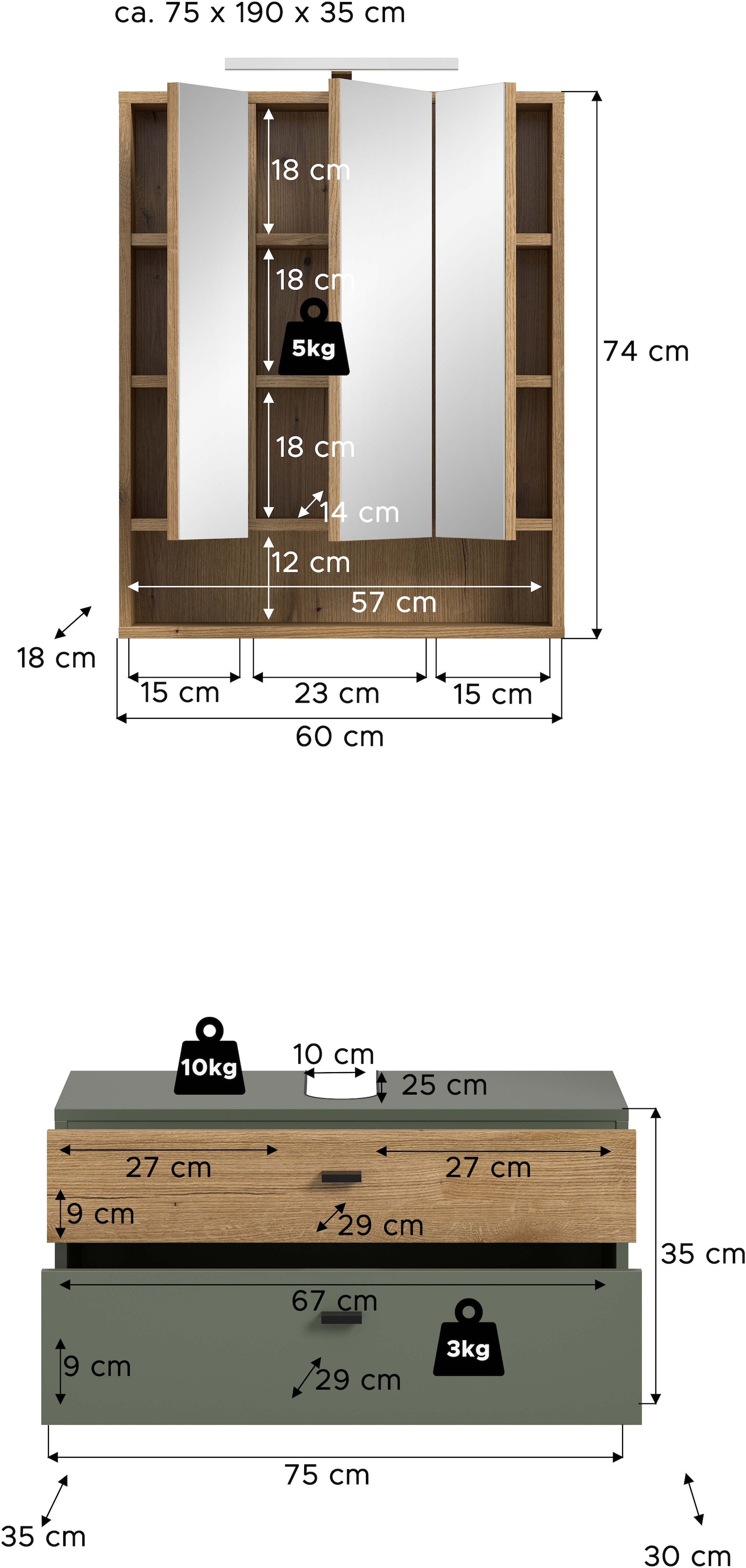 welltime Badmöbel-Set »VANN, 2-teilige moderne Badkombination, inkl. Beleuchtung« 1x Waschbeckenunterschrank, 1x Spiegelschrank inkl. Beleuchtung, 2 Stk. tlg.