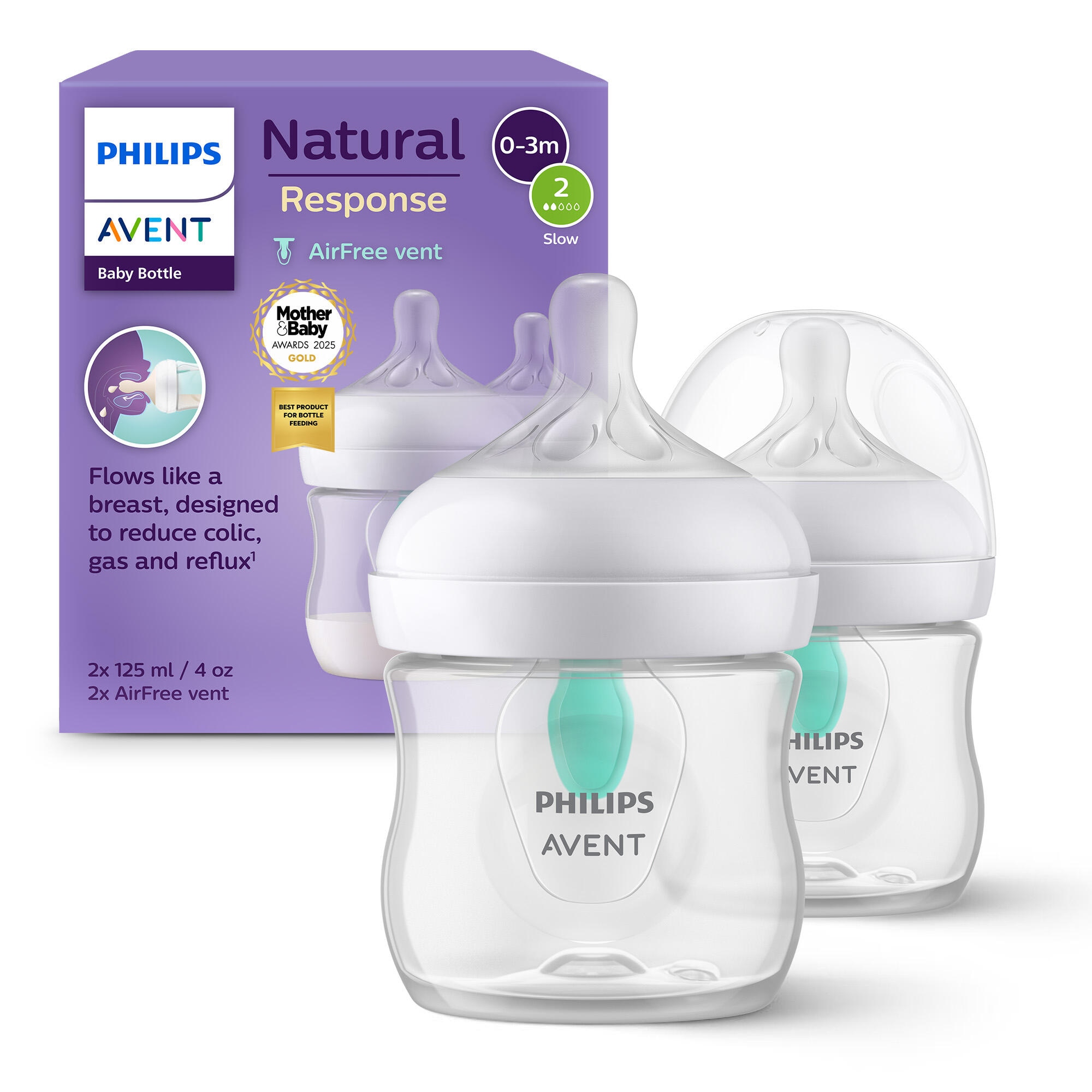 PHILIPS AVENT Baby Babyflasche "Natural Response Babyflasche", 125ml, transparent, Kunststoff, H:12,2cm, Trinkflaschen, 2 Stück, mit dem AirFree
