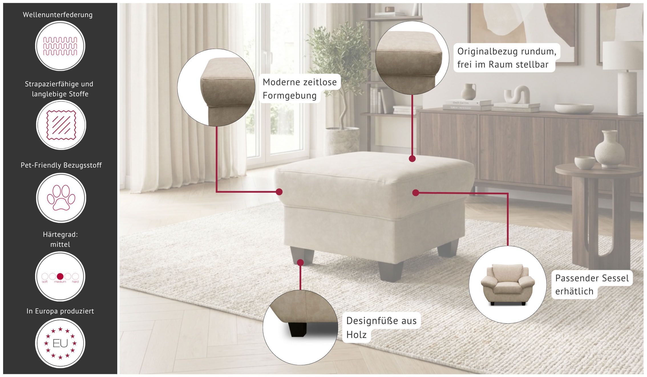 OTTO home Hocker »Sillkeborg 59 x 59 cm, kompakt, komfortabel & mit Holzfüßen« aus pflegeleichtem, weichem Luxus-Microfaser