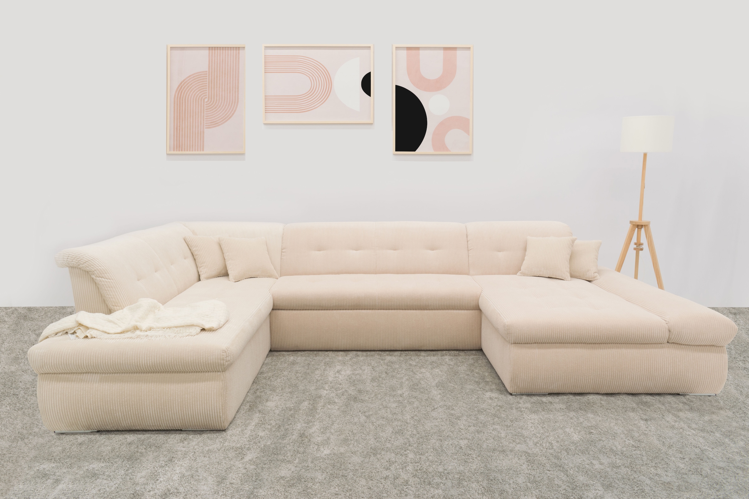DOMO collection Wohnlandschaft "MORIC 353x216x80 cm, mit viel Platz, U-Form, auch in Cord" im XXL-Format, wahlweise mit Bettfunktion und Armlehnenverstellung