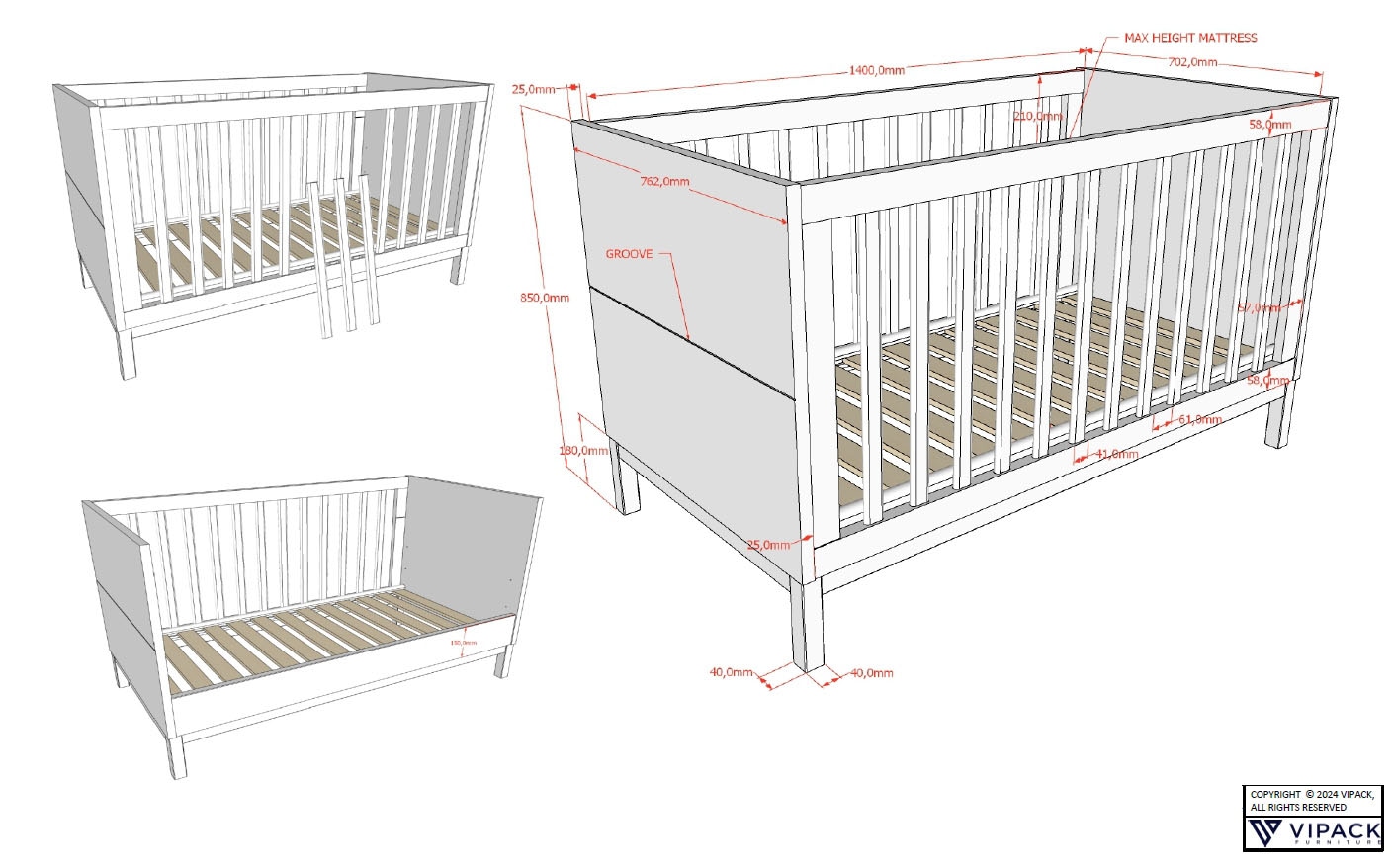Vipack Babybett »in gradlinigem Design, standfest gebaut, pflegeleichte Oberfläche«, 70x140 cm mit 3 Schlupfsprossen, umbaubar zum Juniorbett weiß lackiert