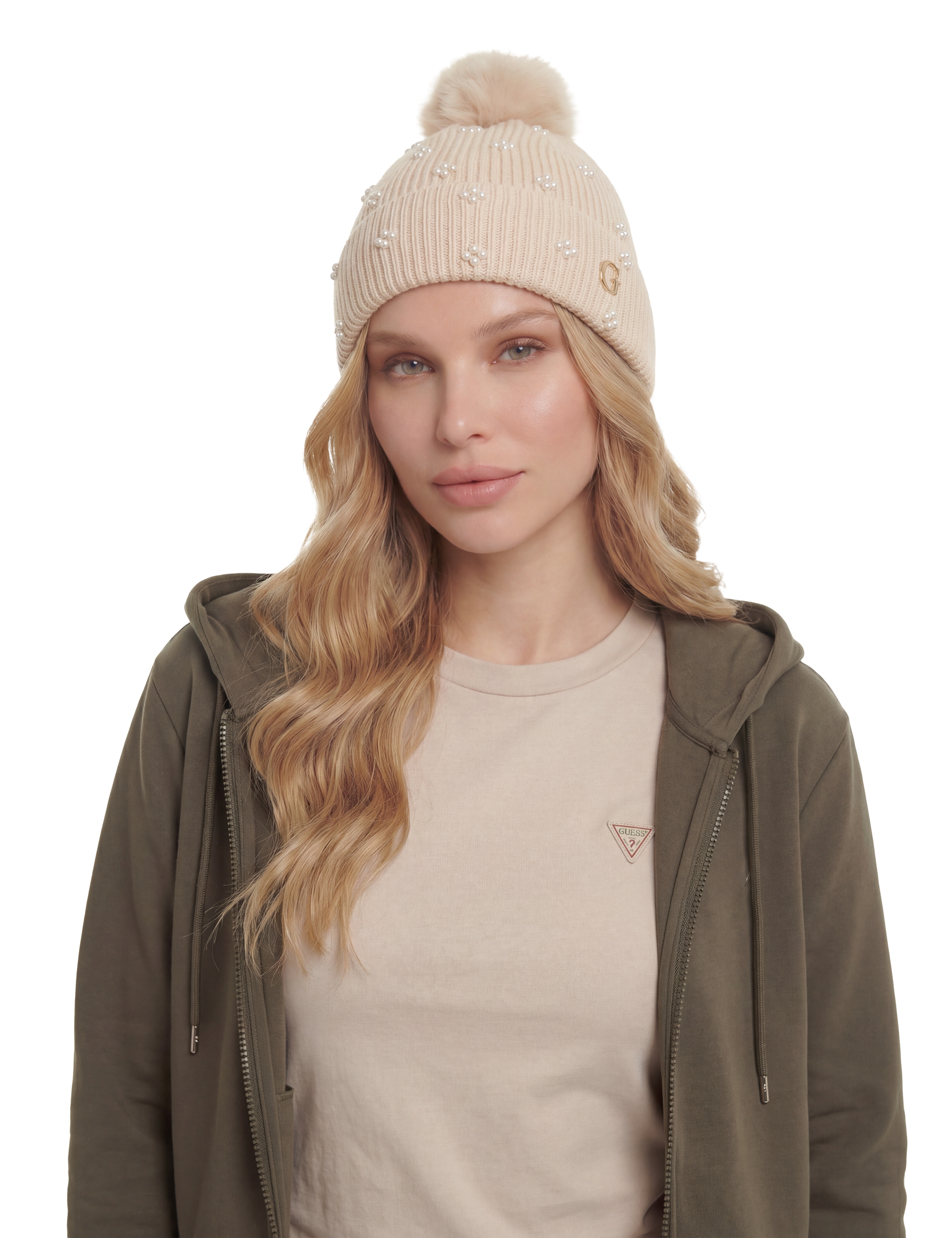 Guess Bommelmütze "KNITTED BEANIE" mit Perlenverzierung