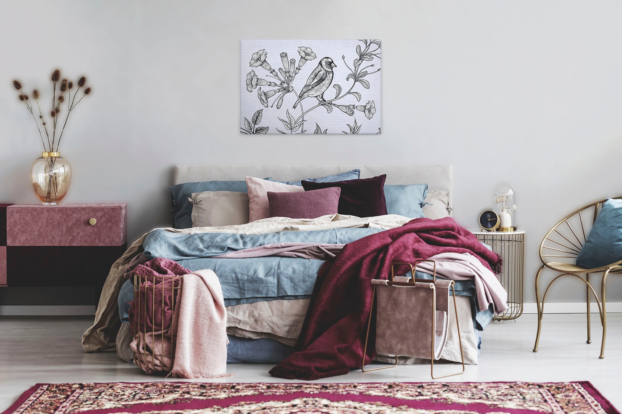 A.S. Création Leinwandbild »birdy«, Kunst-Gemälde-Kinder, (1 St.), Schwarz-Weiß Zeichnung Floral Keilrahmen Leinwand-Bild Wohnzimmer Wand