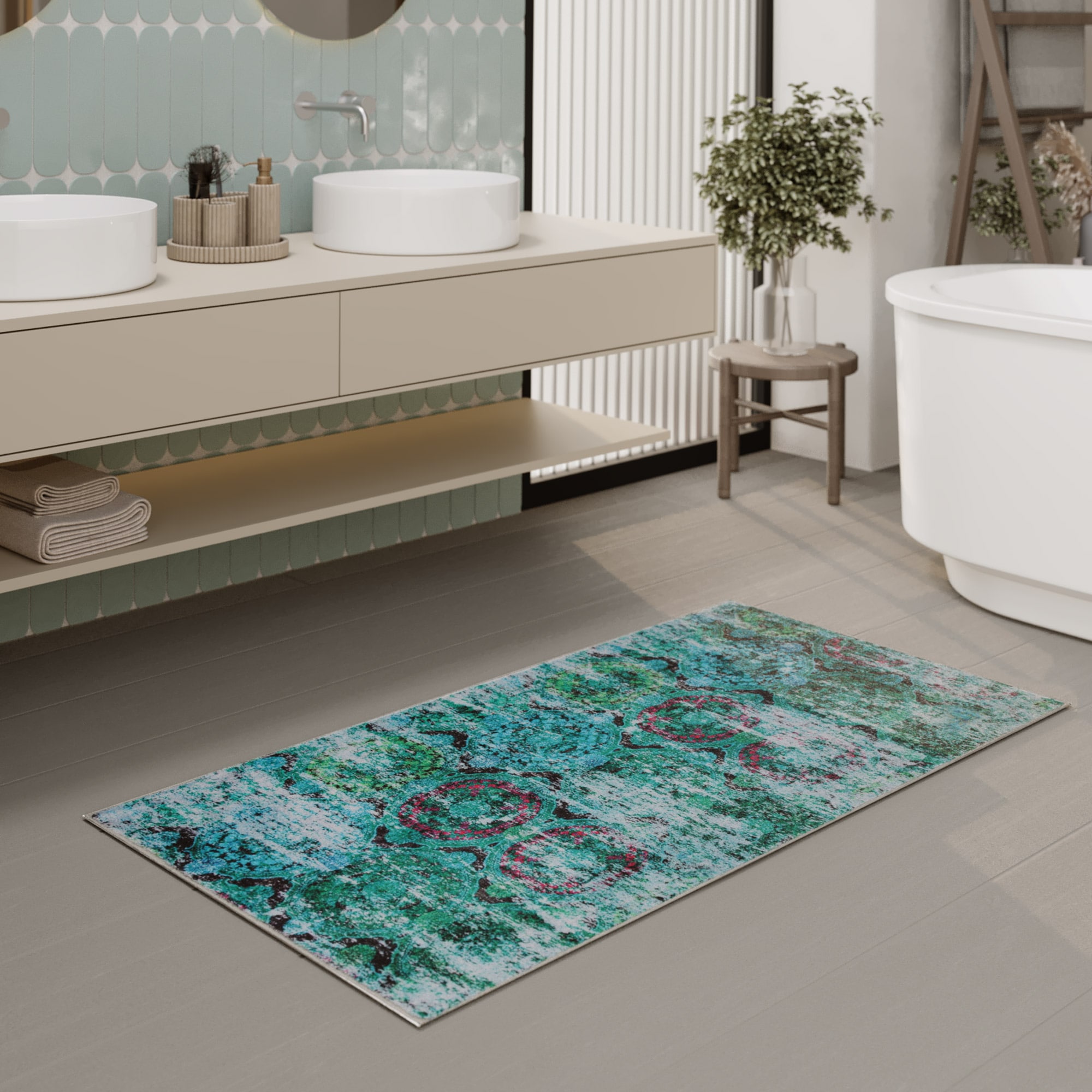 Badematte WECON HOME, H:0,5mm, grün, Polyester, Badematten, "Beach Front", Vintage, waschbar, rutschfest, schnell trocknend, robust, Badteppich