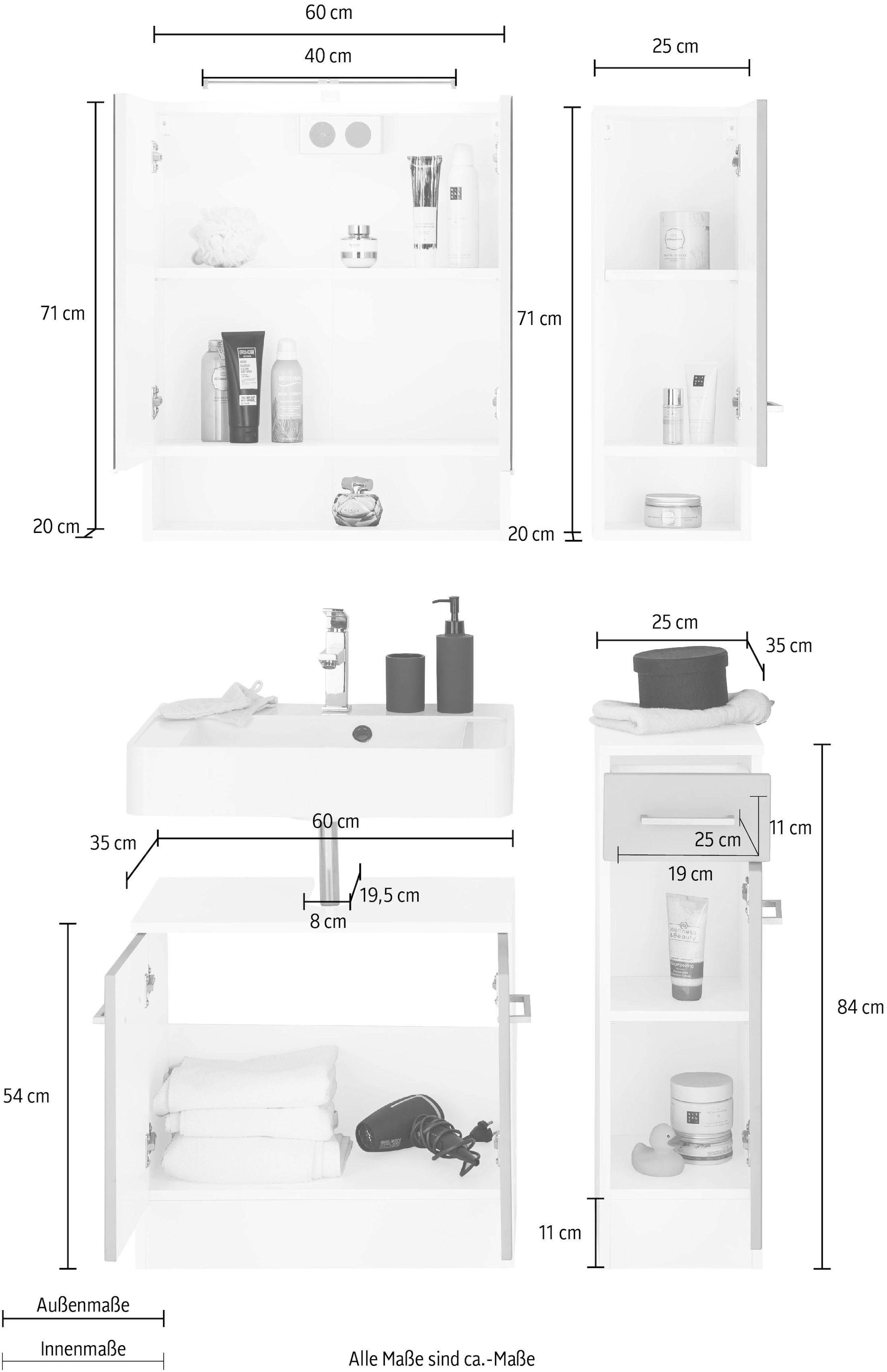welltime Badmöbel-Set »Ribera«, (4 St.), Spiegelschrank, Waschplatz, Hängeschrank, Unterschrank