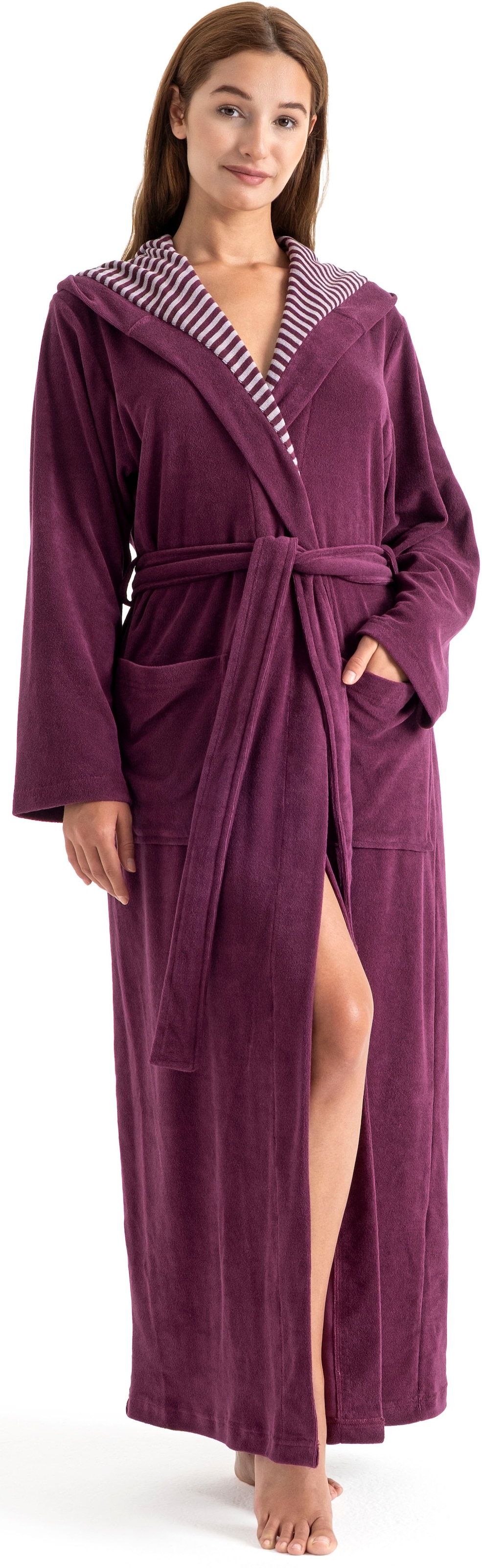 KangaROOS Damenbademantel "Dalia, ideal für Sauna & Spa, Standardlänge & Überlänge" 1 Stk. Uni-Farben mit Streifen, Taschen, leicht, XS-3XL, auch in extra lang