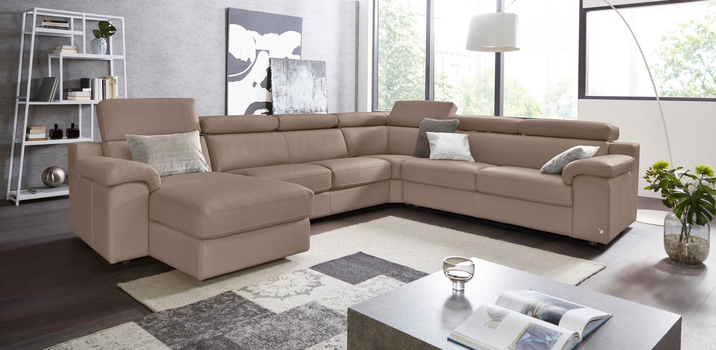 CALIA ITALIA Wohnlandschaft "CS Mambo, U-Form, Familiensofa, bequem und zeitlos" in Leder, inklusive Kopfteilverstellung