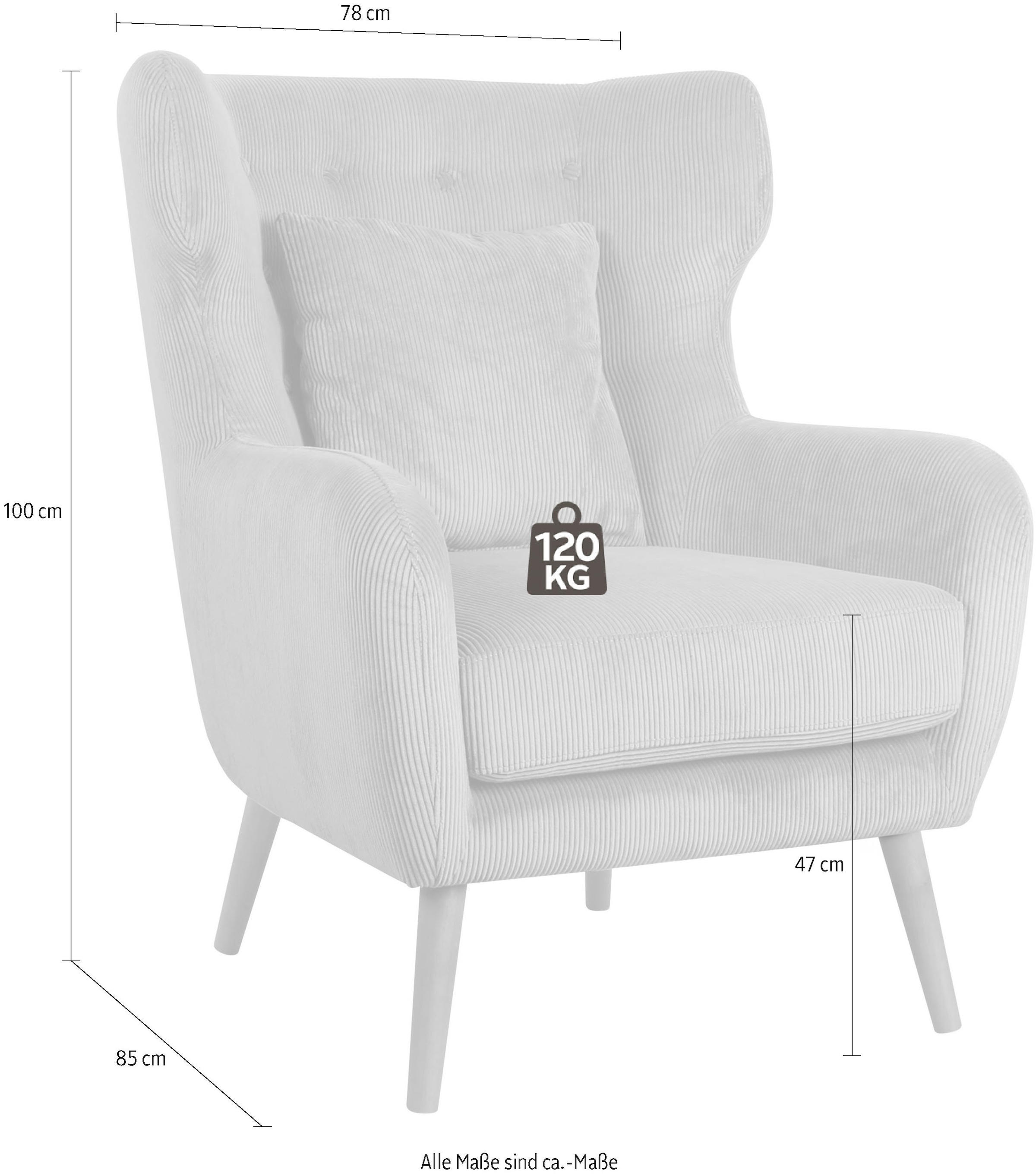 Home affaire Ohrensessel »Yamuna, in Cord,«, mit Sitzpolsterung, Gestell und Füße aus Massivholz, Sitzhöhe 47 cm