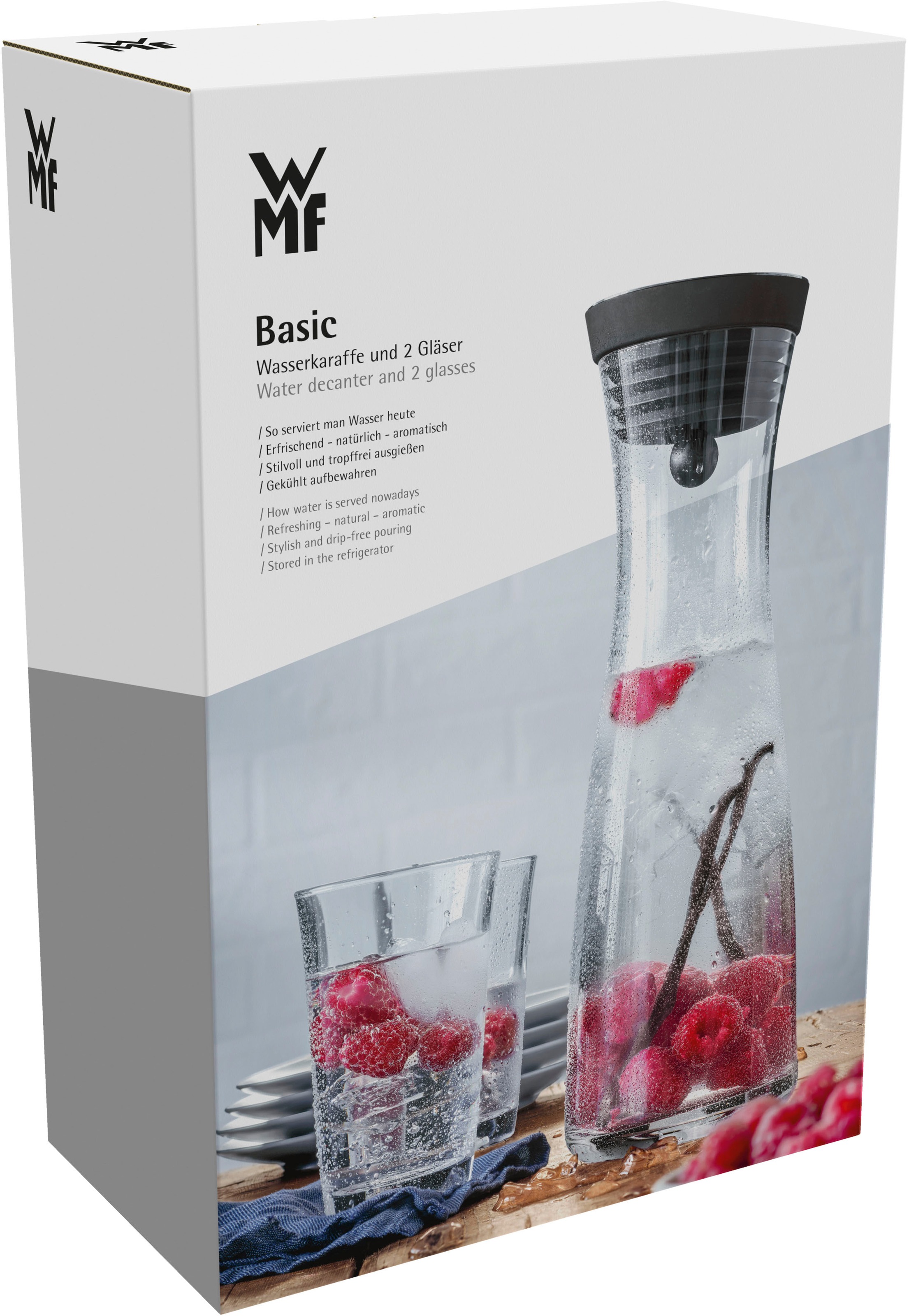 WMF Wasserkaraffe »Basic«, (Set, 3 tlg., Wasserkaraffe + 2-teiliges Trinkgläser-Set), CloseUp-Verschluss, integriertes Sieb, einfaches Befüllen