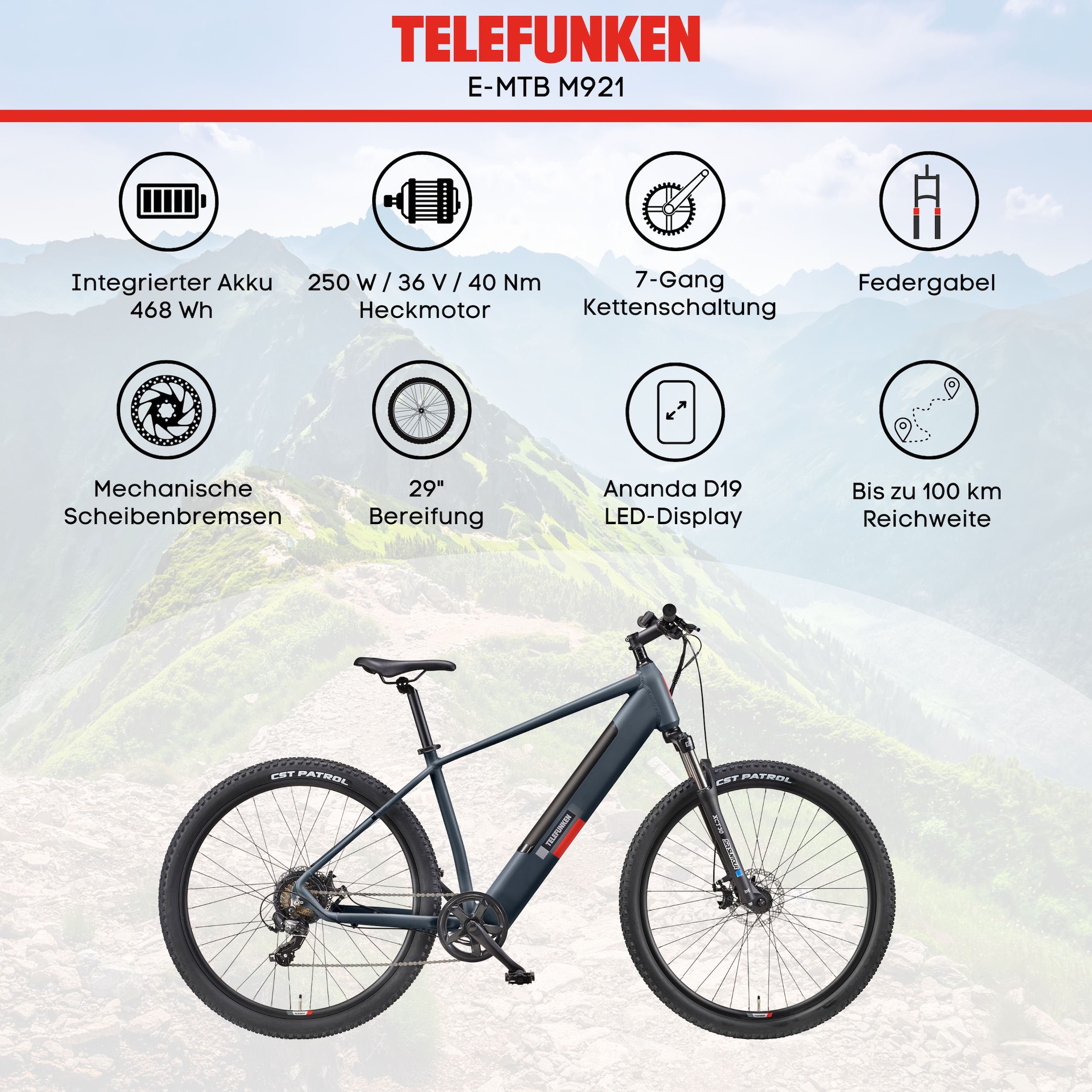 Telefunken E-Bike »Aufsteiger M921«, 7 Gang, Shimano, Heckmotor 250 W, (29 Zoll, Scheibenbremsen), Pedelec, Elektrofahrrad für Damen u. Herren, MTB