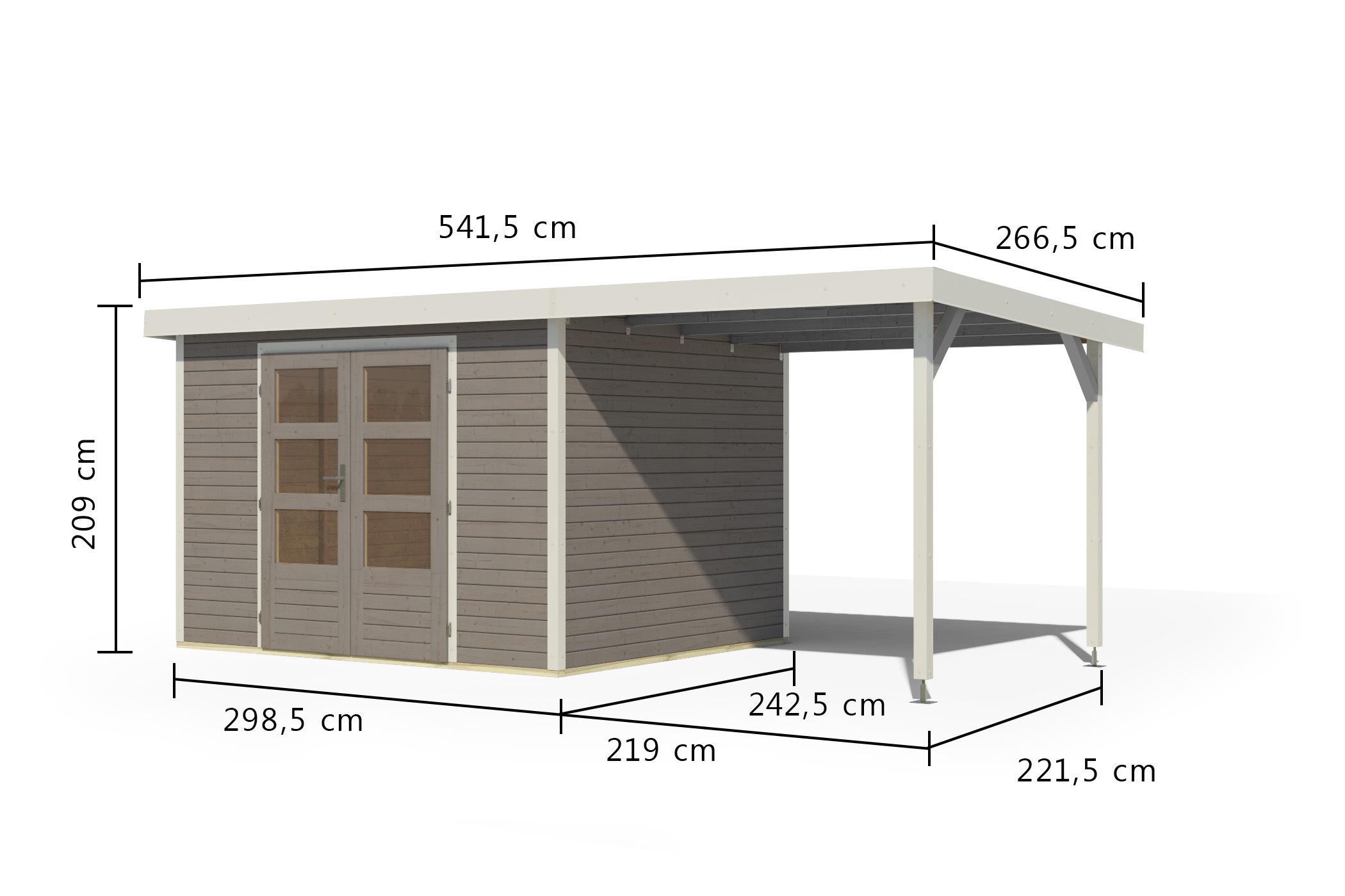 Karibu Gartenhaus »"Jupiter 5 D" SET wassergrau, mit Anbaudach 2,35 m breit«, hochwertige Materialien: nordische Fichte, Stahlecken, Trapezblechdach