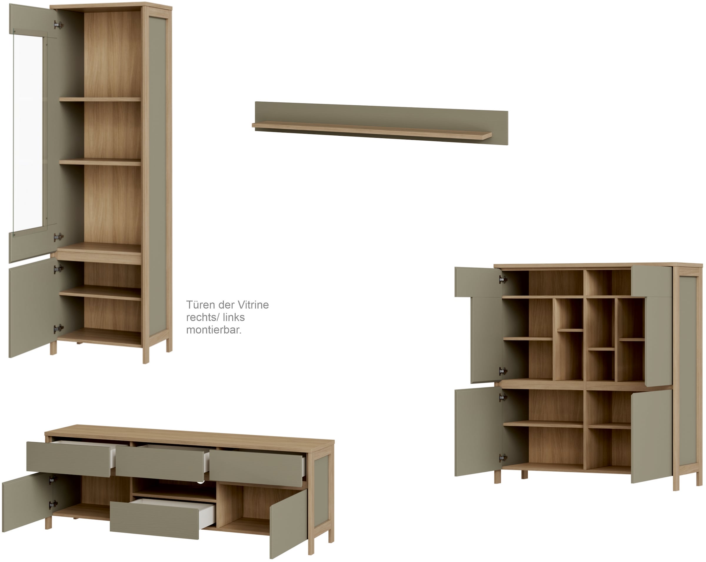Home affaire Wohnwand »Stranda, moderne Anbauwand, Komplettset im Scandi-Style«, (4 St.), enthält Vitrine, Lowboard, Highboard und Wandboard, 364 cm breit