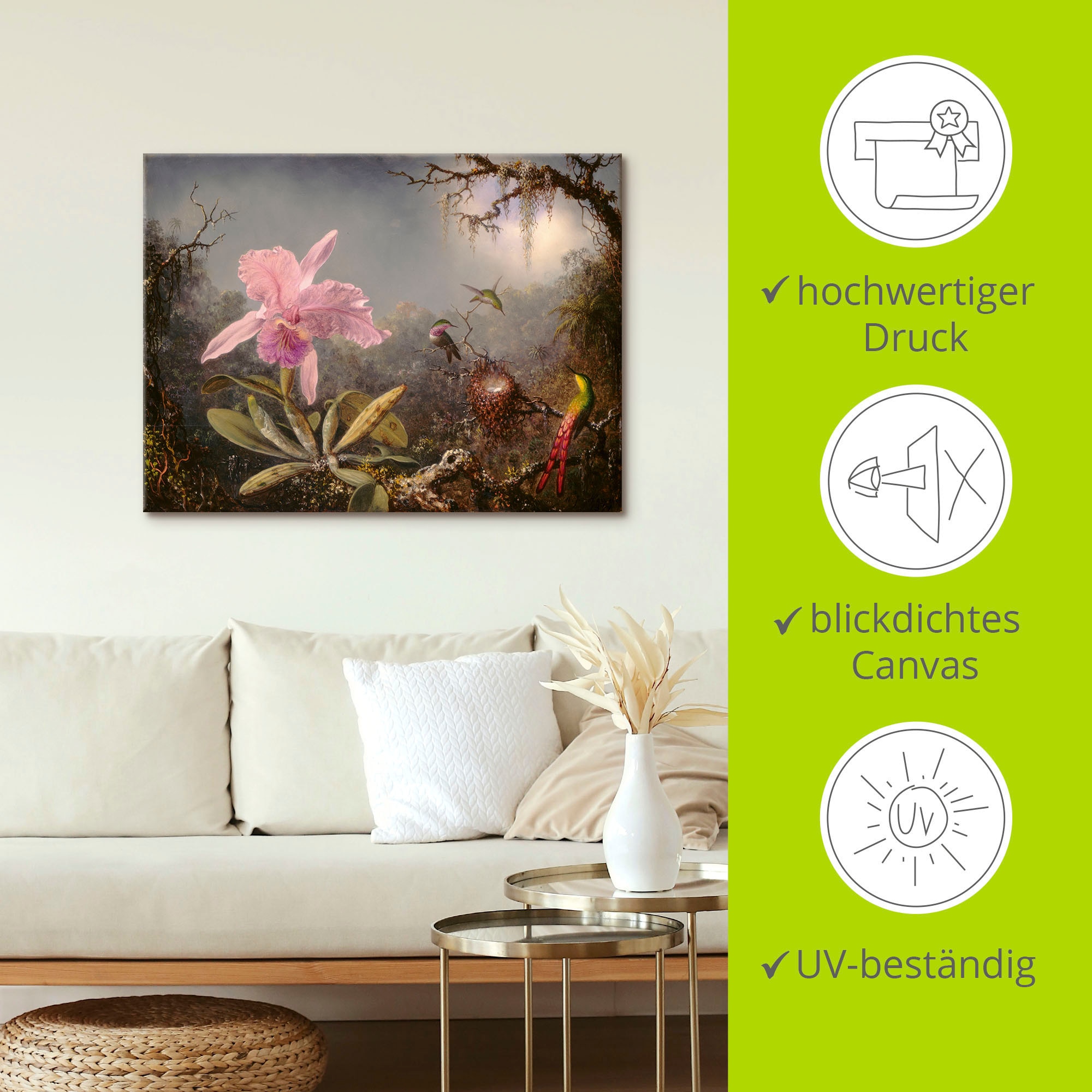 Artland Wandbild »Cattleya Orchidee und drei Kolibris.«, Blumenbilder, (1  St.), als Alubild, Leinwandbild, Wandaufkleber oder Poster in versch.  Größen kaufen | BAUR