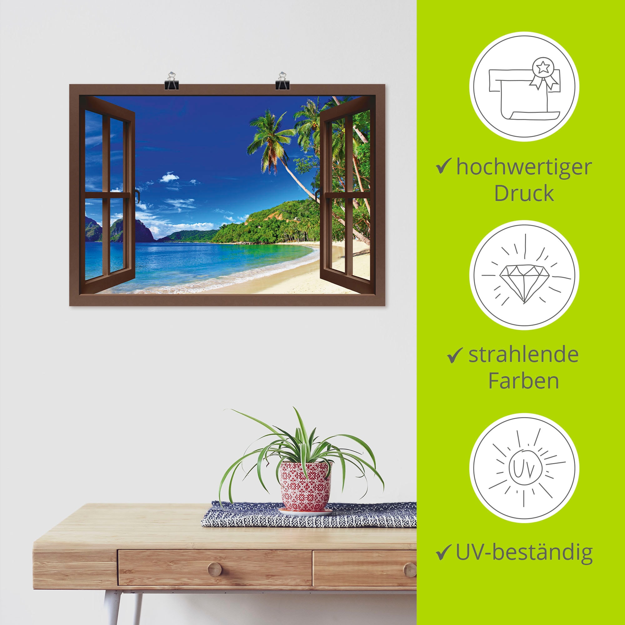 Artland Wandbild »Fensterblick Paradies«, Fensterblick, (1 St.), als Alubild, Outdoorbild, Leinwandbild, Poster in verschied. Größen