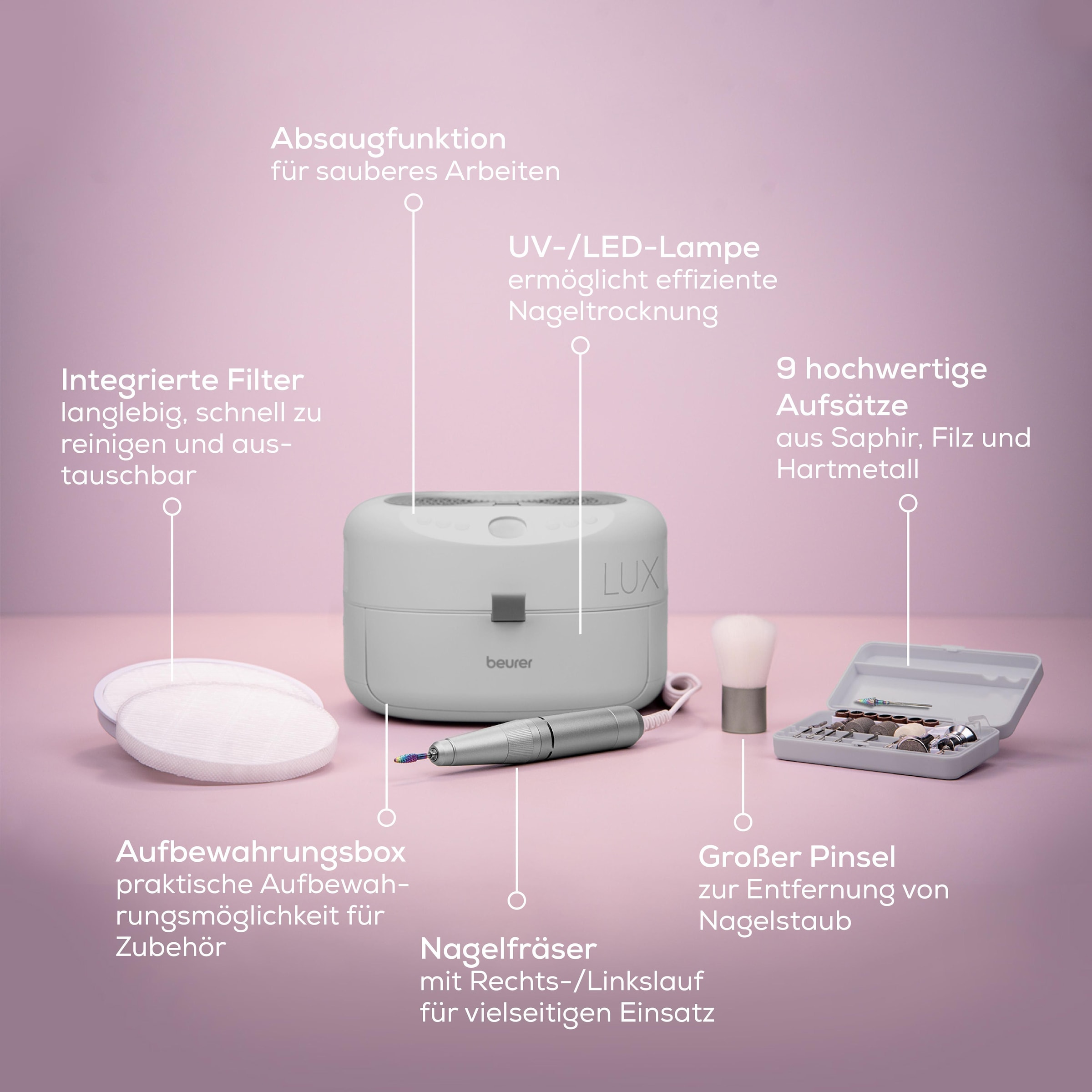 BEURER Maniküre-Pediküre-Set »MP 210 LUX, professionelle Maniküre-Pediküre-Station für zu Hause« Mit Nagelfräser, UV/LED -Lampe und Nagelstaubabsauger