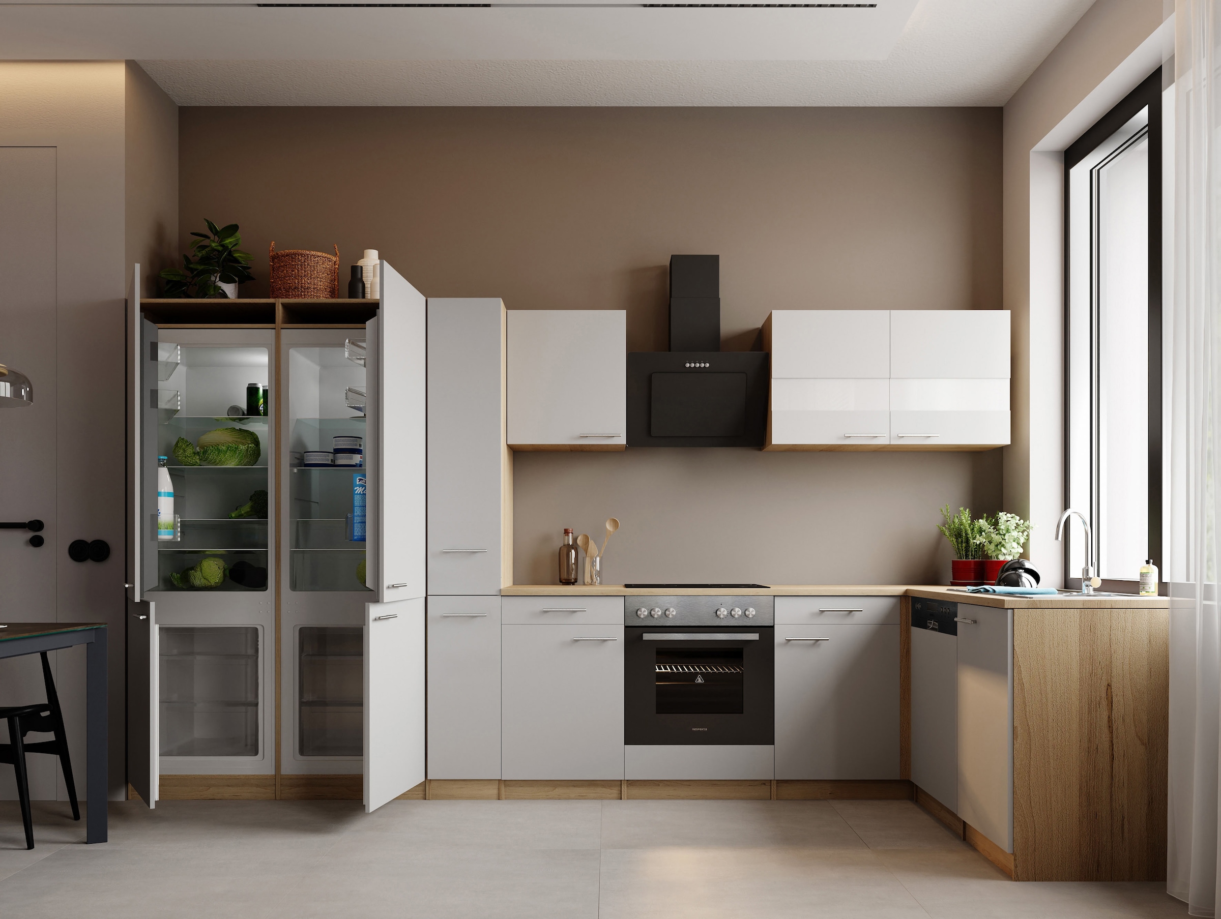 RESPEKTA Winkelküche »Merle« Winkelküche Merle, Breite 340 cm, Soft Close, French-Door-Design