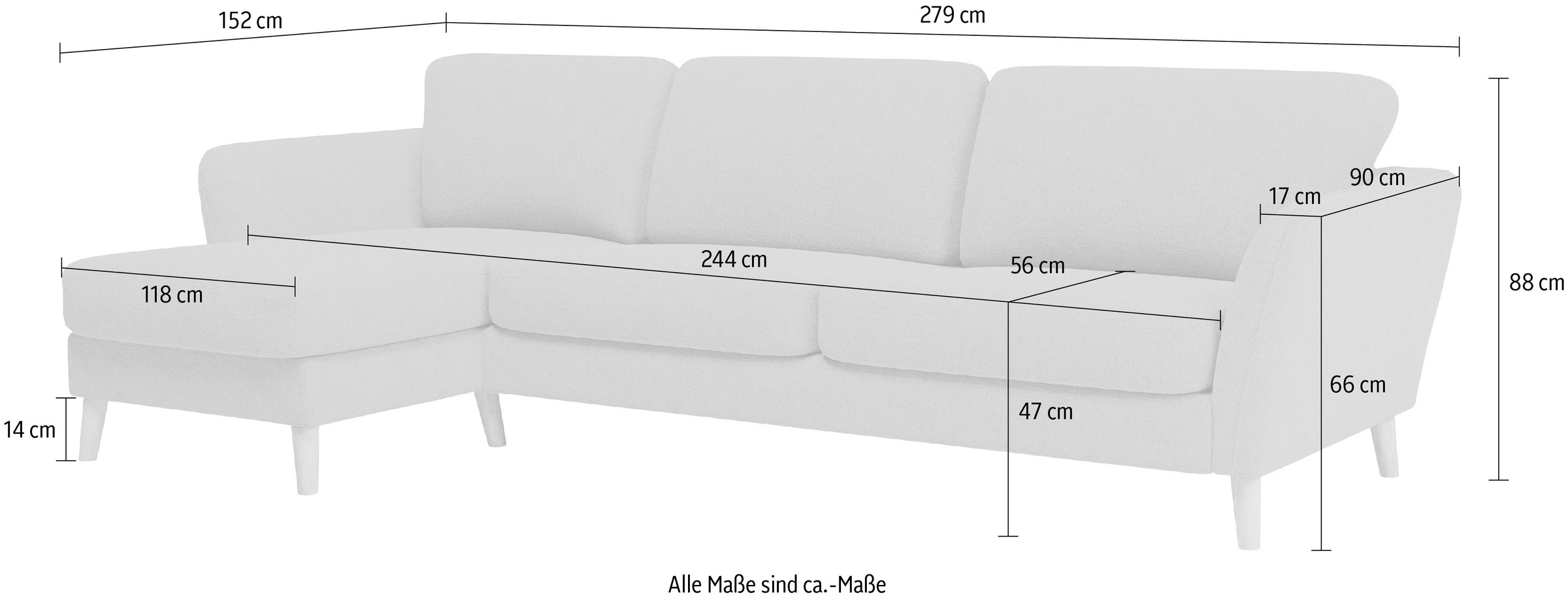 Home affaire Ecksofa »MARSEILLE (279/152cm),L-Form, Rec. rechts/links«, Massivholzbeine aus Eiche, in verschieden Bezügen und Farbvarianten