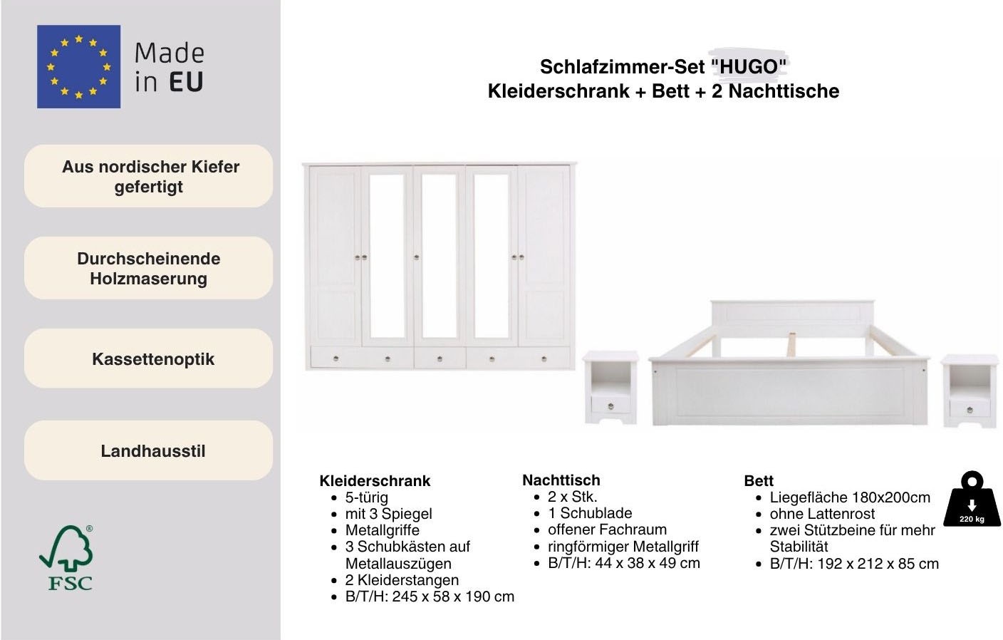 Thumbnail - Home affaire Schlafzimmer-Set "Hugo" Set, 4 Stk. tlg. Bett 180x200 cm, 5-trg Kleiderschrank und 2 Nachttische