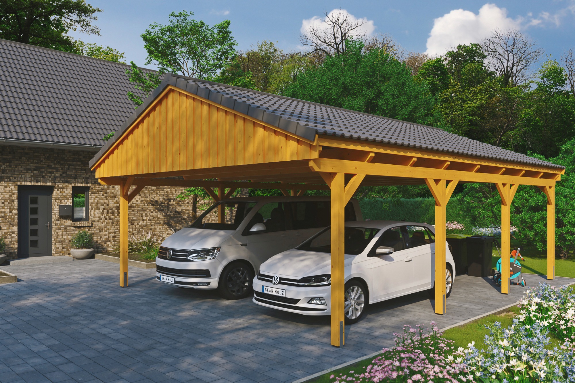 Skanholz Doppelcarport "Fichtelberg", Leimholz-Nordisches Fichtenholz, hellbraun, mit Dachlattung