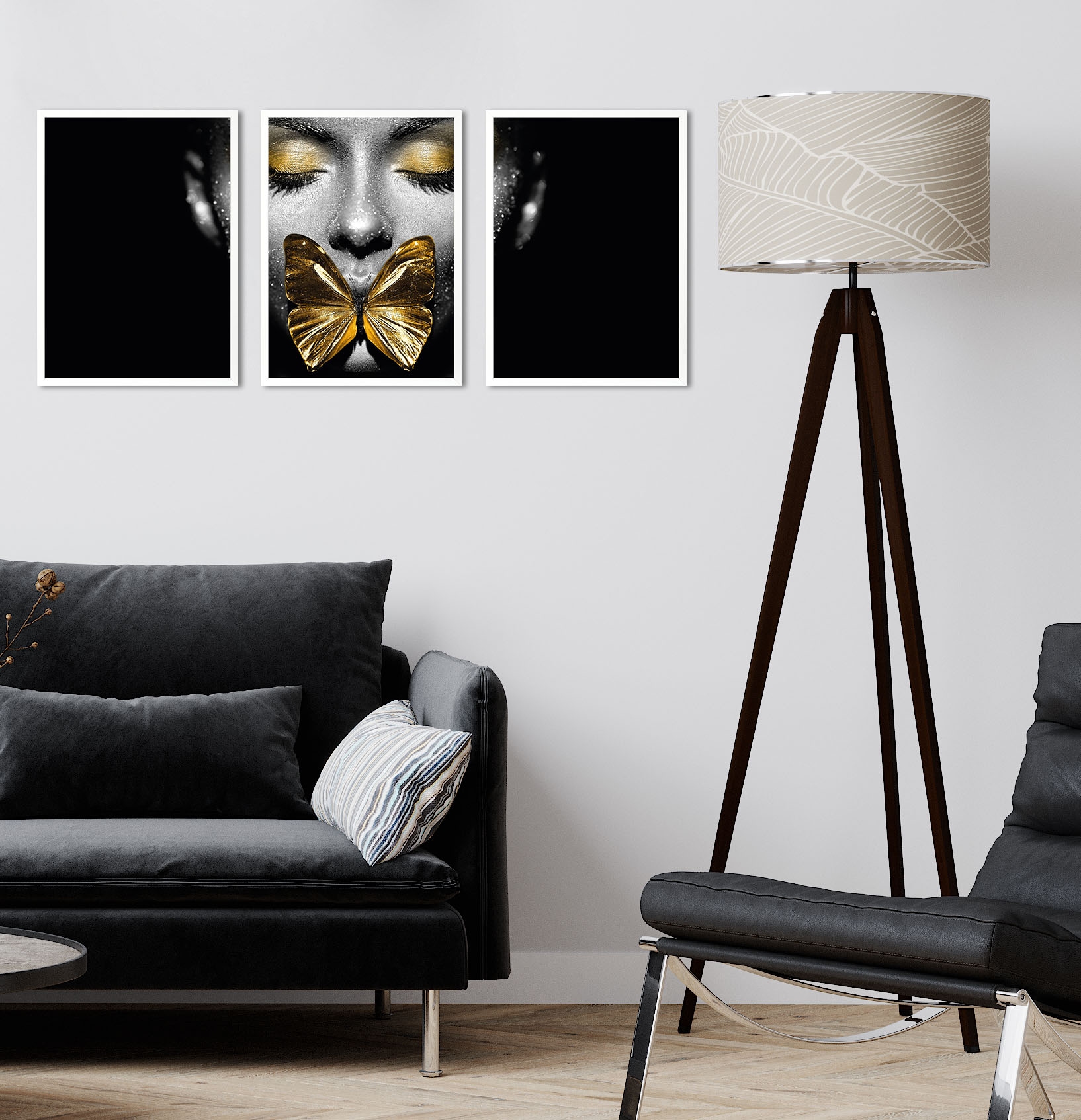 Leonique Bild mit Rahmen »Gesicht Schmetterling Gold - Gerahmter Digitaldruck - Wandbild«, (3er-Set), 3x 30x40 cm - Holzrahmen - Dekoration - Weißer Rahmen - Triptychon