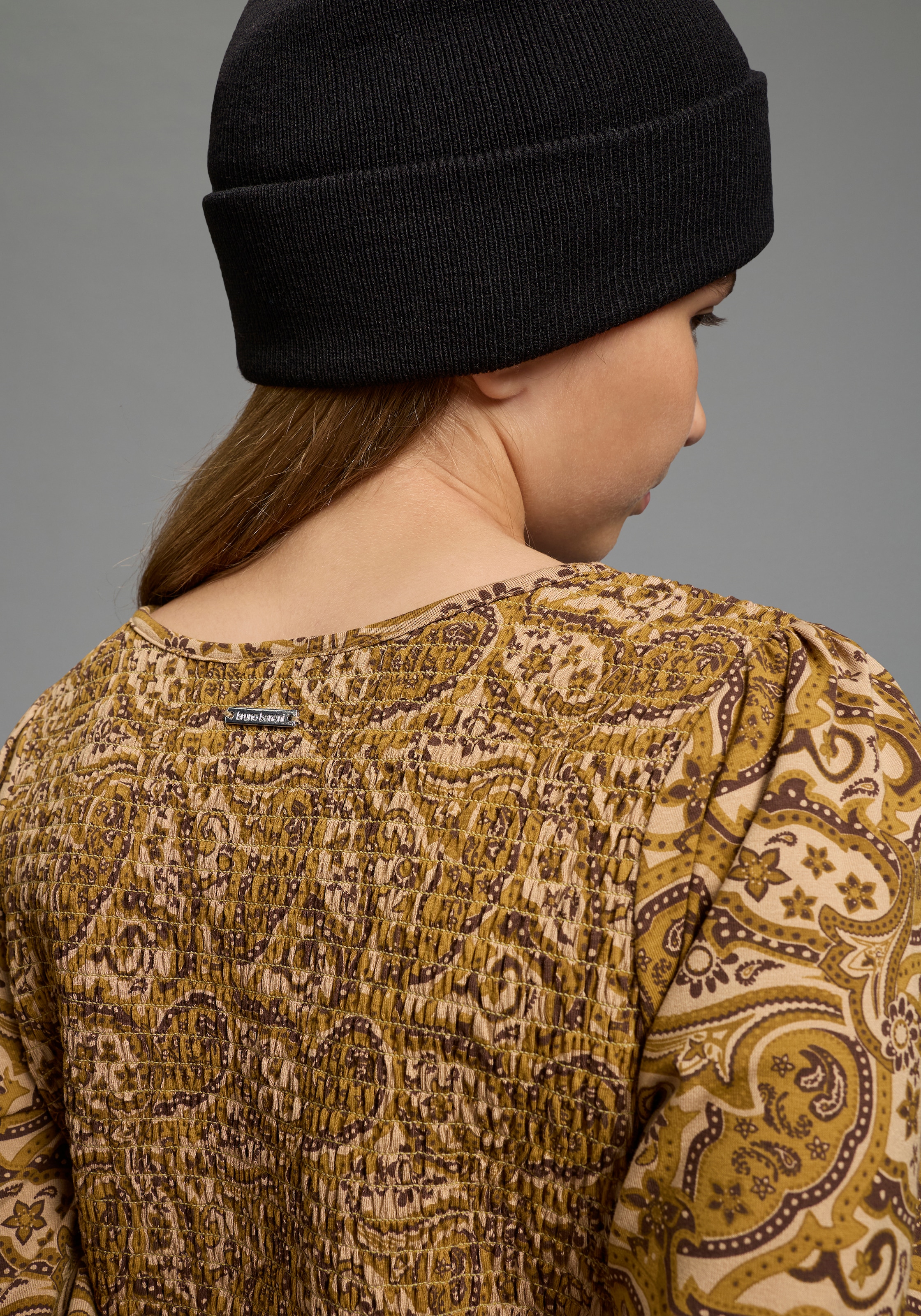 Bruno Banani Smokkleid »Viskose-Kleid in Allover-Design« für Mädchen, kniefrei, mit Volants, mit Langarm