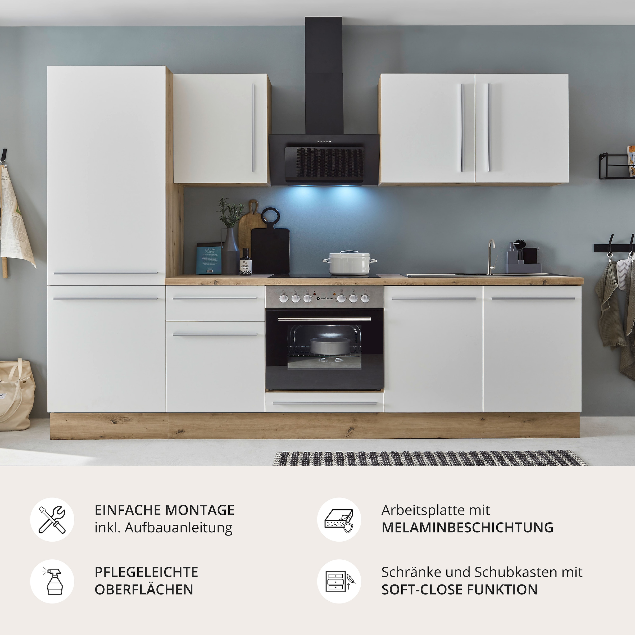 KOCHSTATION Küchenzeile »KS-Florida mit 38mm starker Arbeitsplatte« Breite 270 cm, wahlweise mit E-Geräten, Soft-Close-Funktion