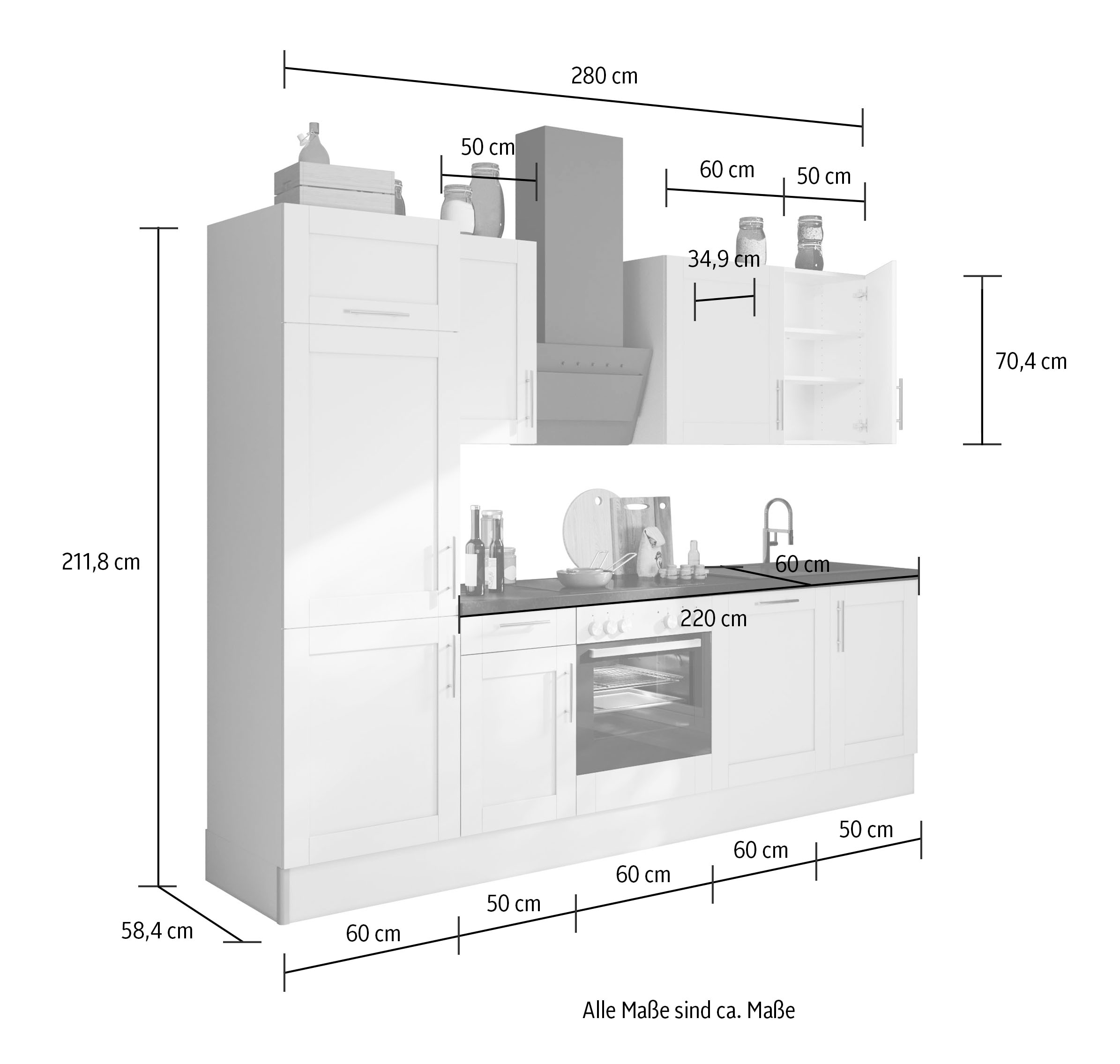 OPTIFIT Küche »Ahus«, 280 cm breit,wahlweise mit E-Geräten,MDF Fronten, Soft Close Funktion