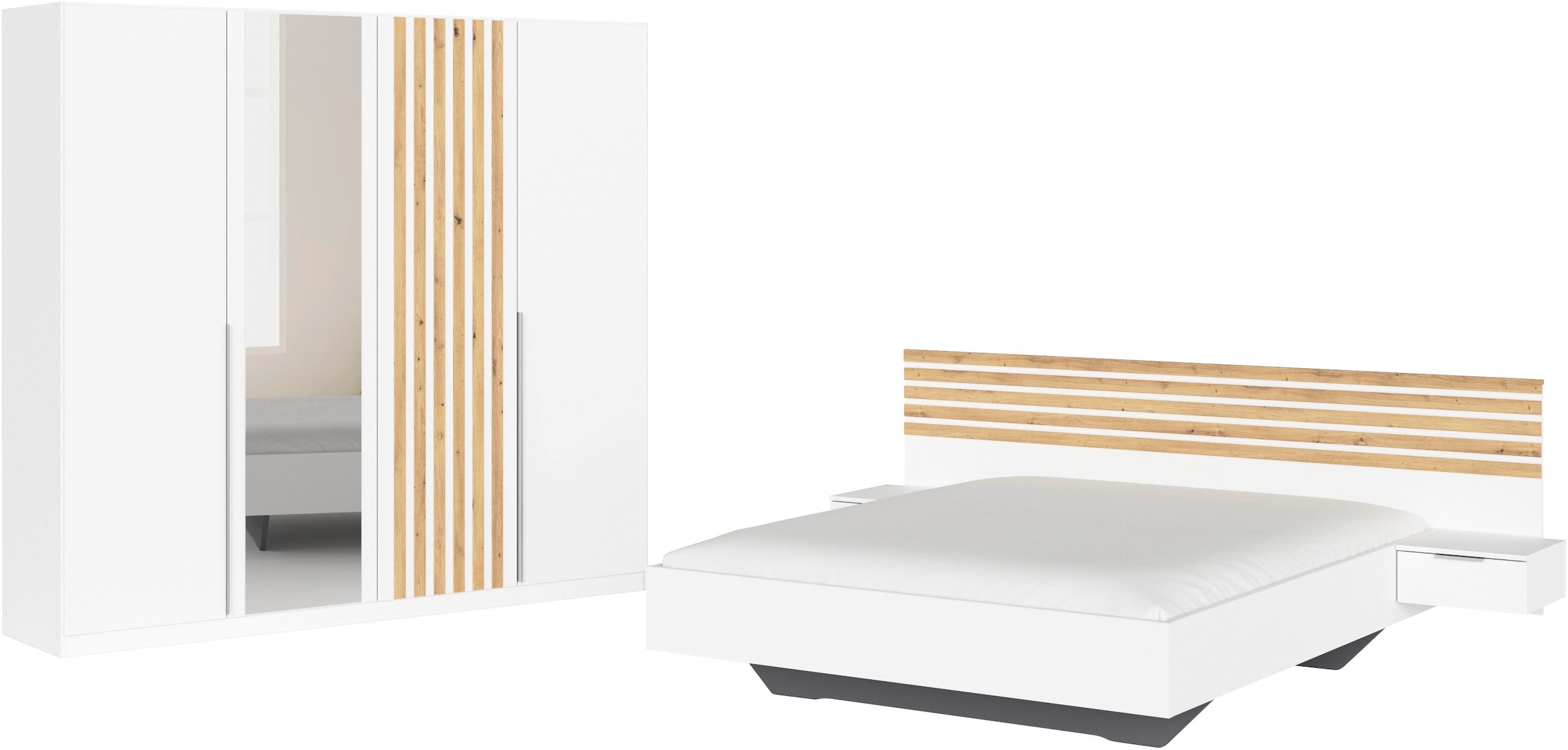 rauch "Komplettzimmer Komplett Set Schrank 226 cm Bett 160/180 cm LAMELLA" Set, 3 verschiedene Ausstattungen BASIC/CLASSIC/PREMIUM (inkl. SOFT-CLOSE), 4 tlg. tlg.